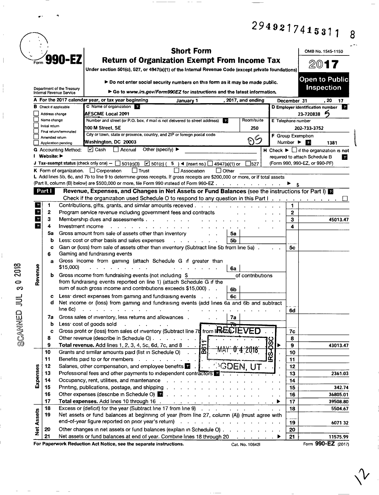 Image of first page of 2017 Form 990EO for American Federation of State County & Municipal Employees - L2091DC Wash DC Dept Pub Works Emps