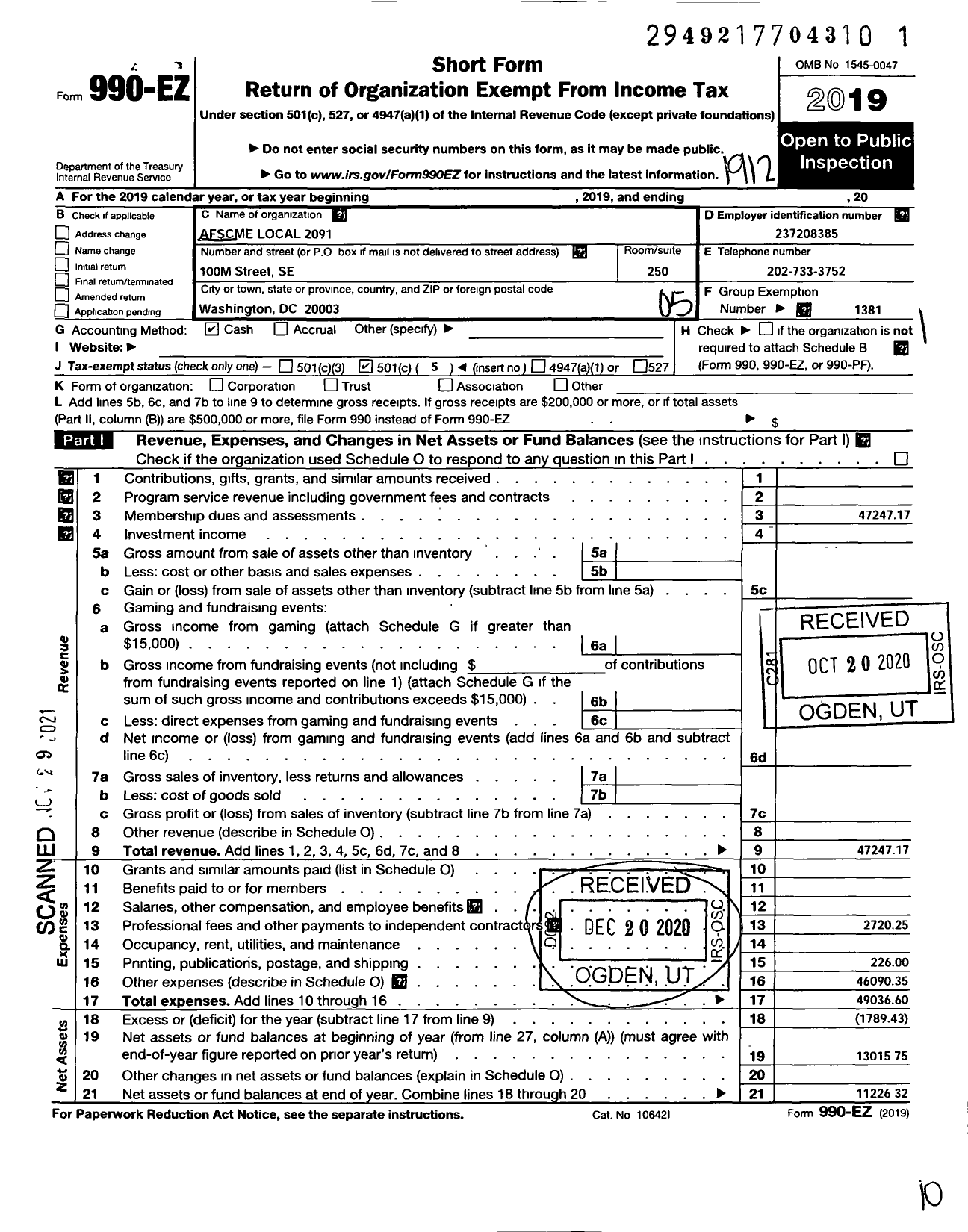 Image of first page of 2019 Form 990EO for American Federation of State County & Municipal Employees - L2091DC Wash DC Dept Pub Works Emps