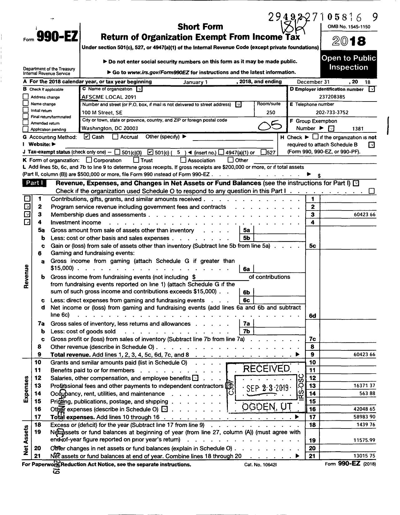 Image of first page of 2018 Form 990EO for American Federation of State County & Municipal Employees - L2091DC Wash DC Dept Pub Works Emps