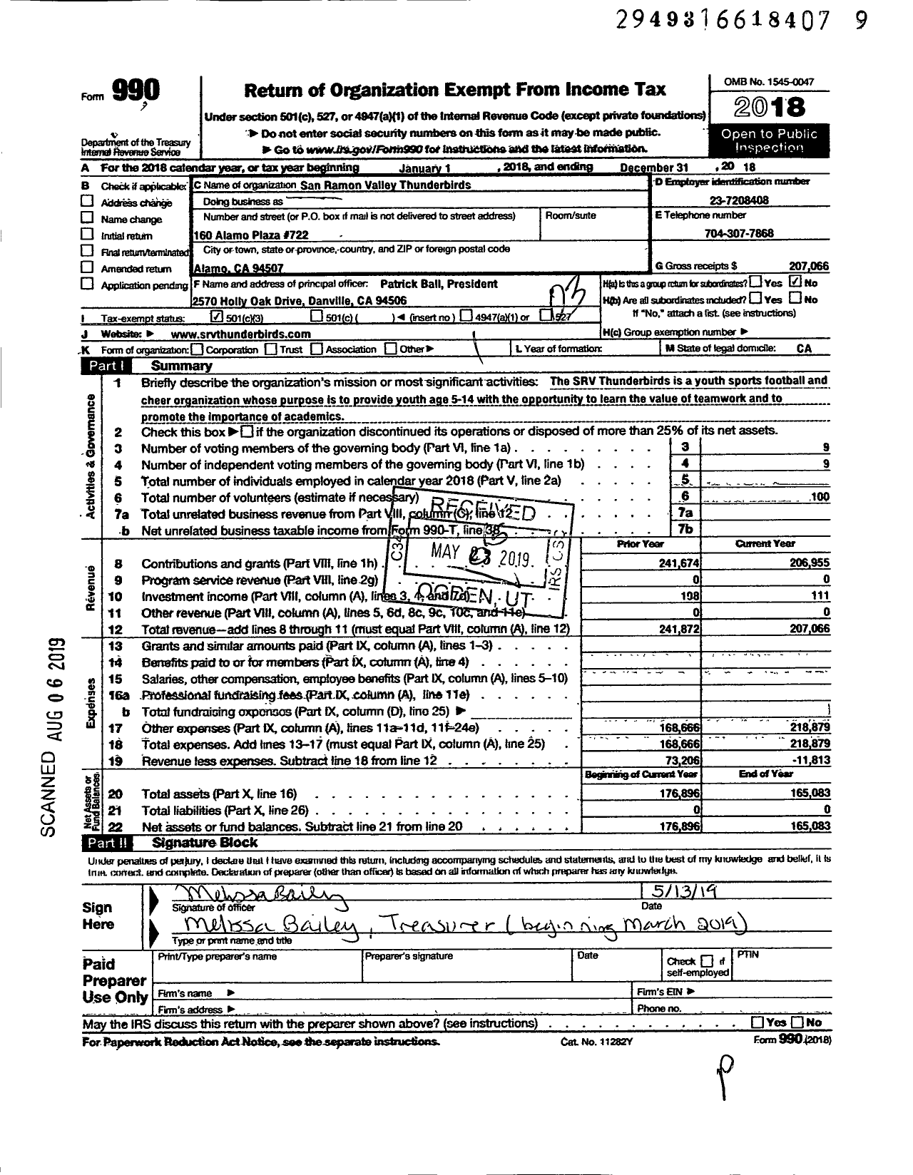 Image of first page of 2018 Form 990 for San Ramon Valley Thunderbirds