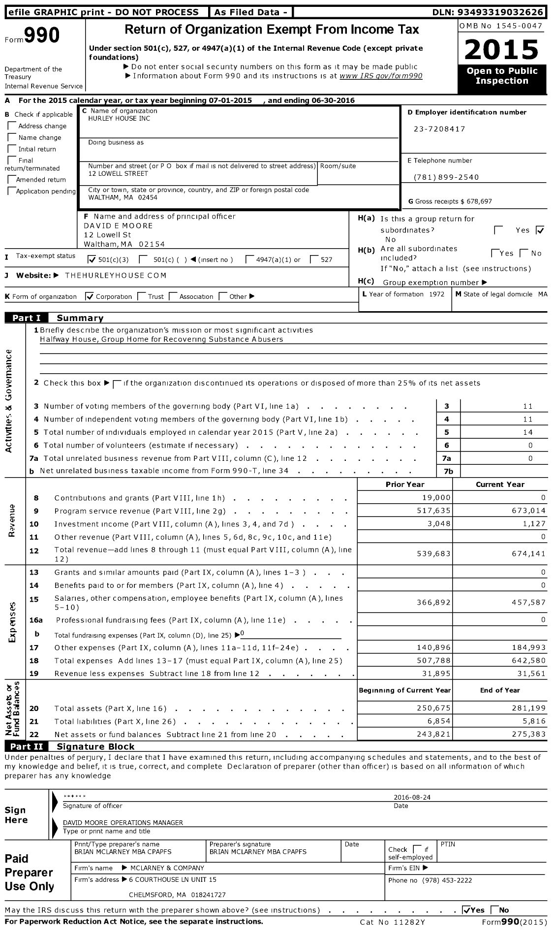 Image of first page of 2015 Form 990 for Hurley House