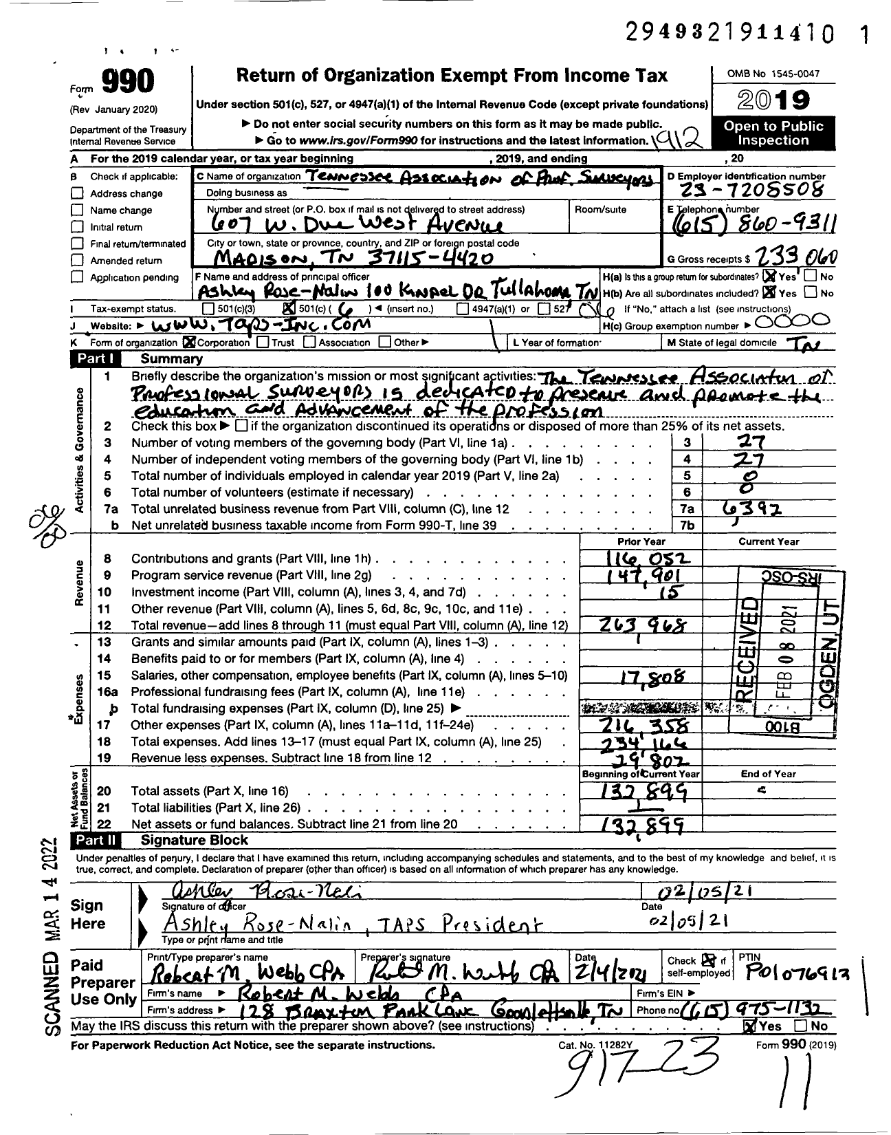 Image of first page of 2019 Form 990O for Tennessee Association of Professional Al Surveyors