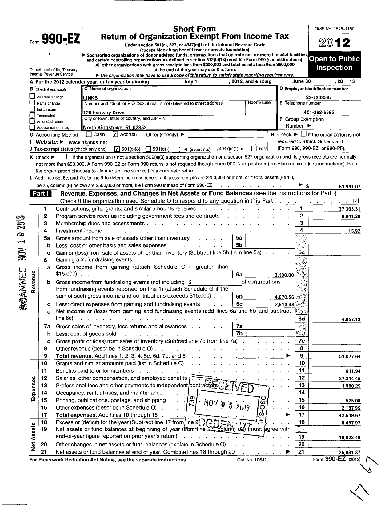 Image of first page of 2012 Form 990EZ for Links