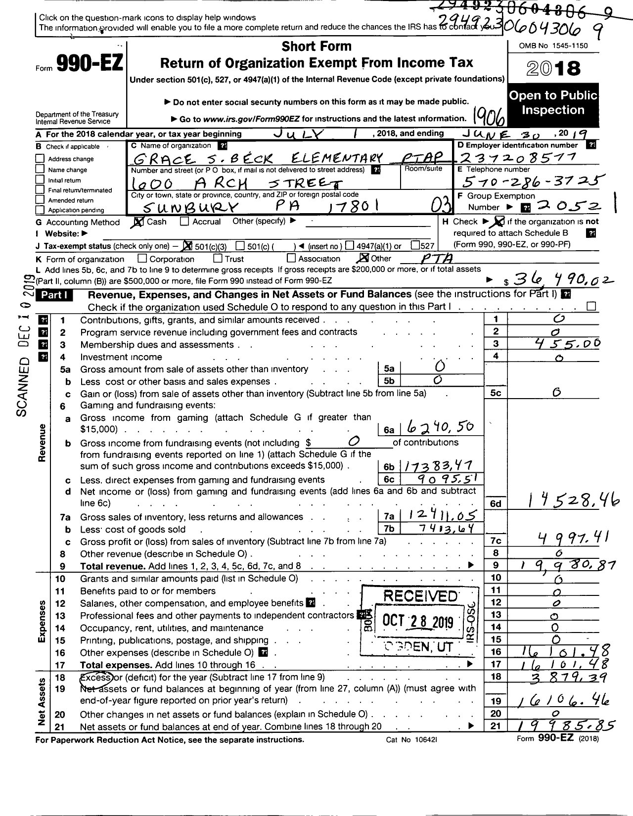 Image of first page of 2018 Form 990EZ for PTA Grace S Beck Elementary