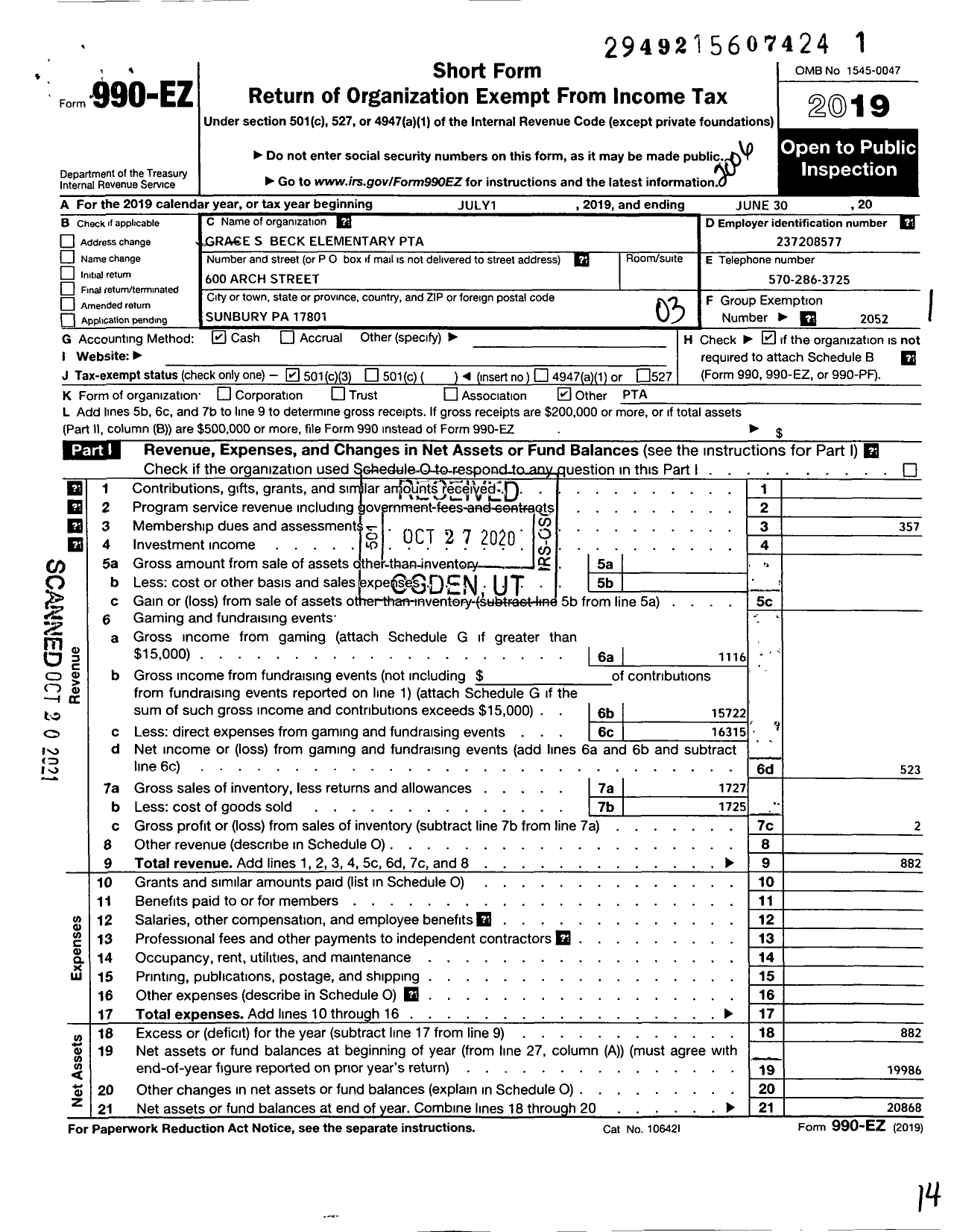 Image of first page of 2019 Form 990EZ for PTA Grace S Beck Elementary