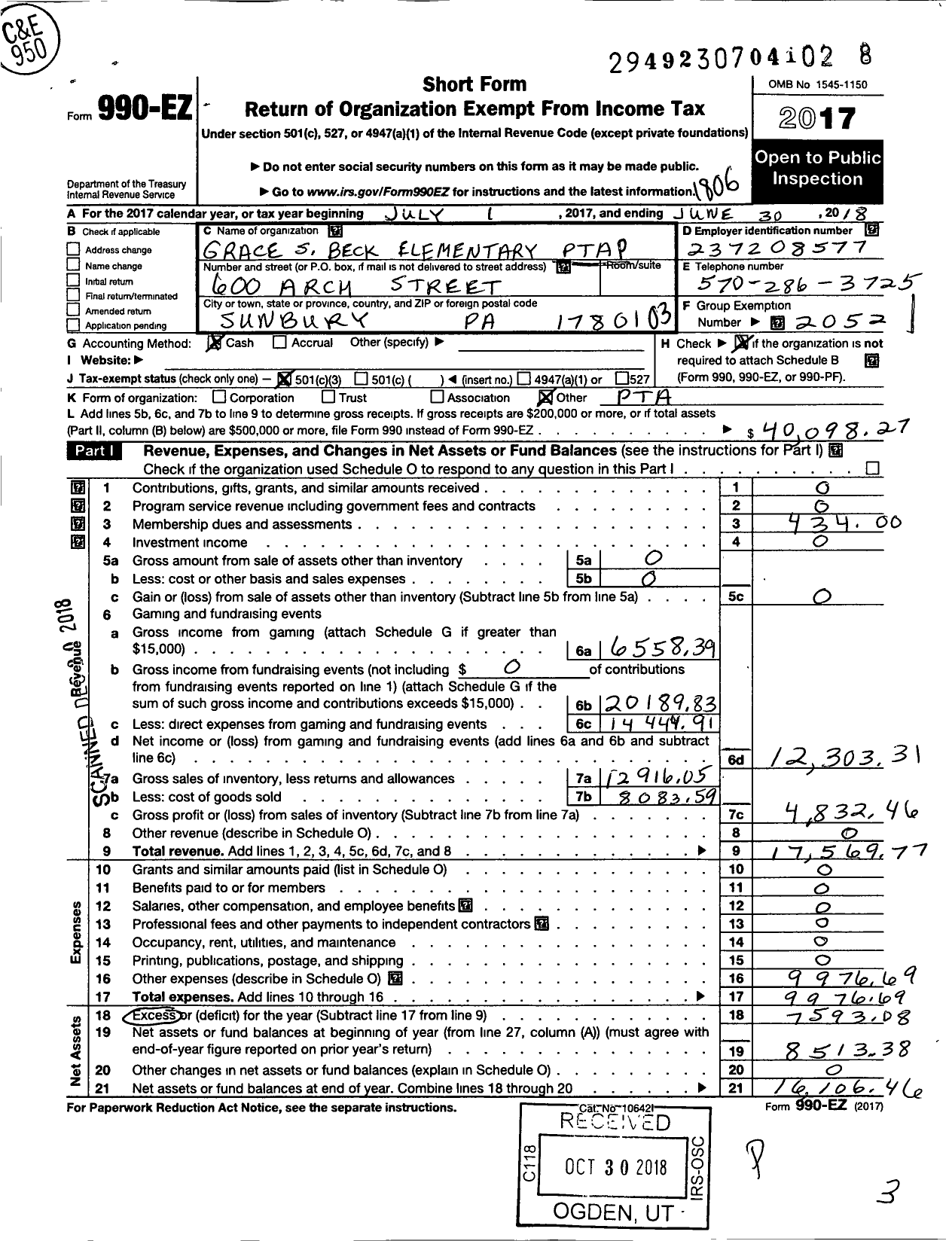 Image of first page of 2017 Form 990EZ for PTA Grace S Beck Elementary