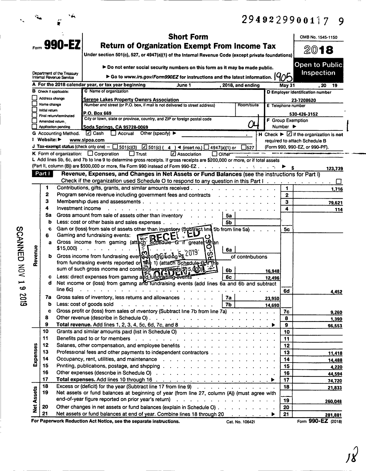 Image of first page of 2018 Form 990EO for Serene Lakes Property Owners Association