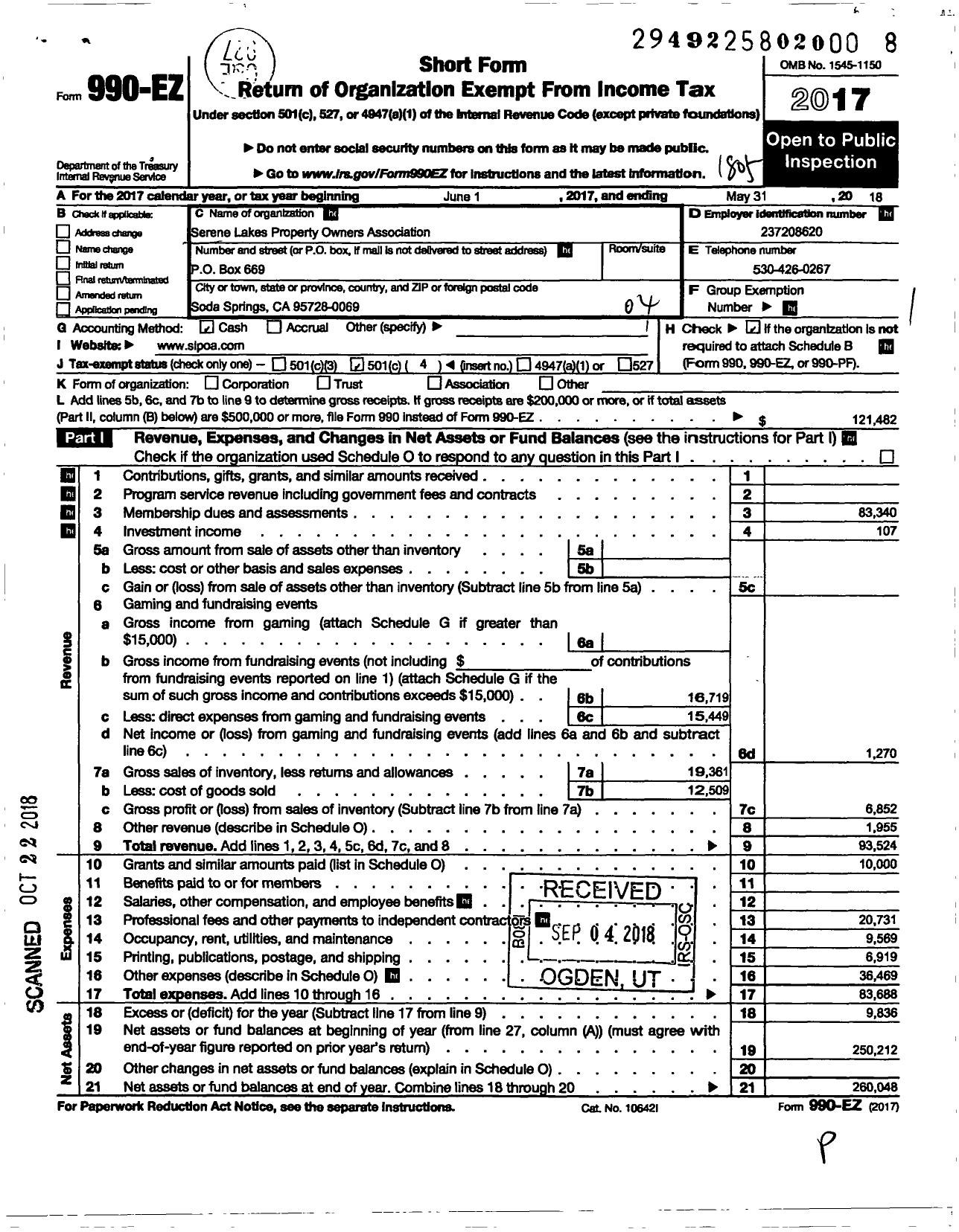 Image of first page of 2017 Form 990EO for Serene Lakes Property Owners Association