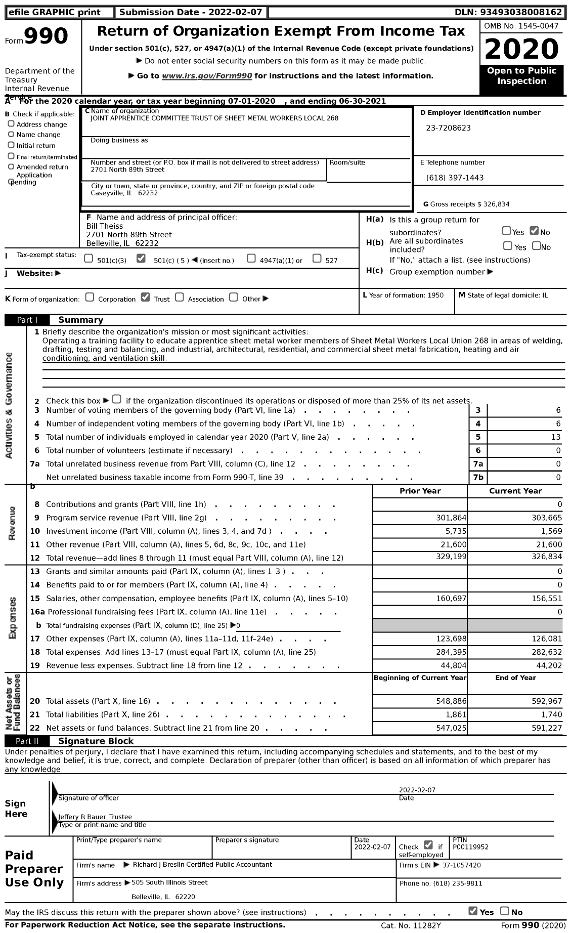 Image of first page of 2020 Form 990 for Joint Apprentice Committee Trust of Sheet Metal Workers Local 268