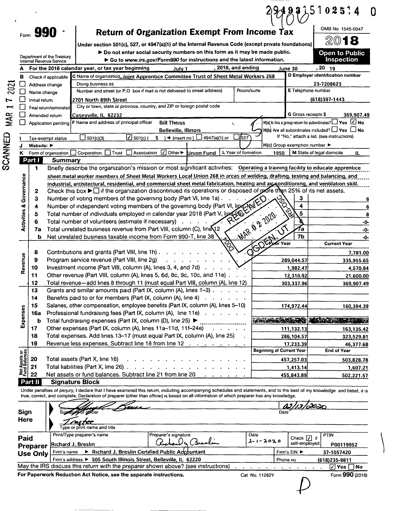 Image of first page of 2018 Form 990O for Joint Apprentice Committee Trust of Sheet Metal Workers Local 268