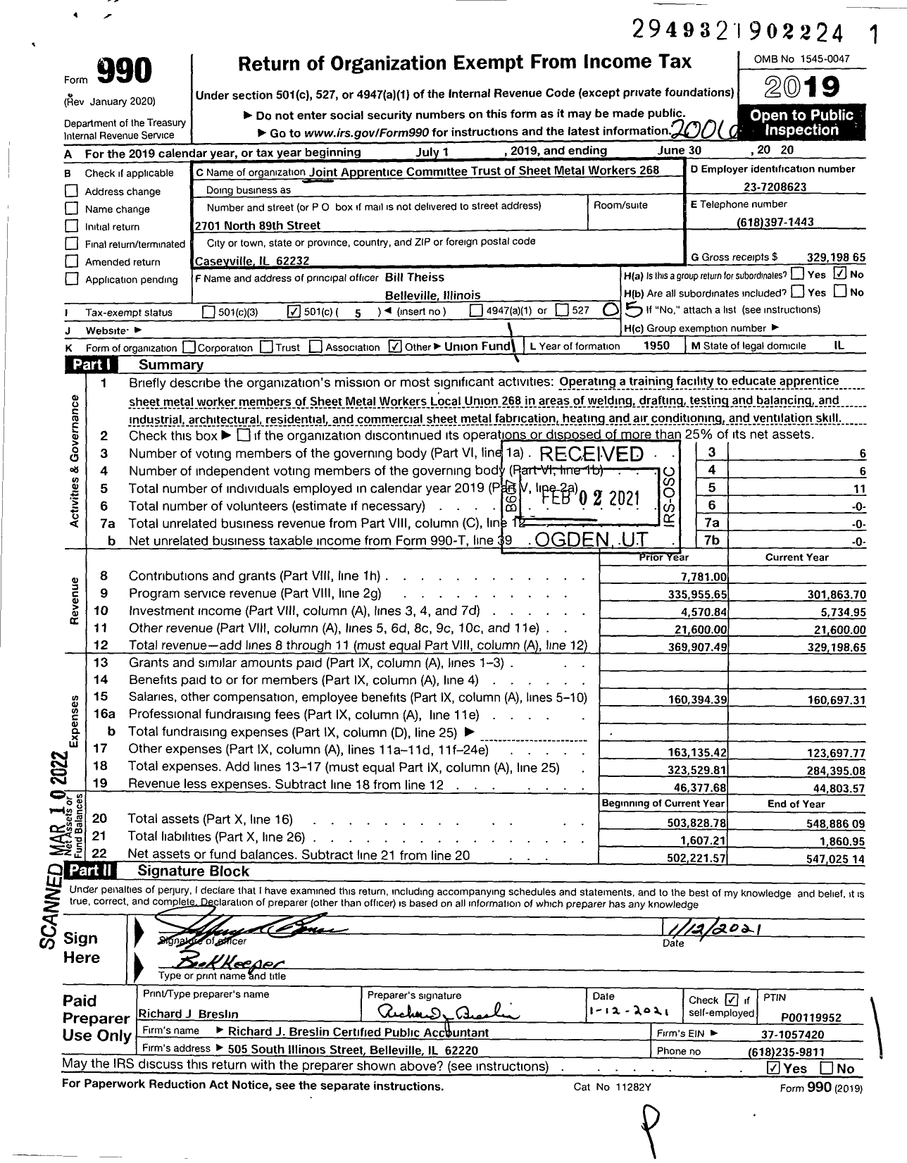 Image of first page of 2019 Form 990O for Joint Apprentice Committee Trust of Sheet Metal Workers Local 268