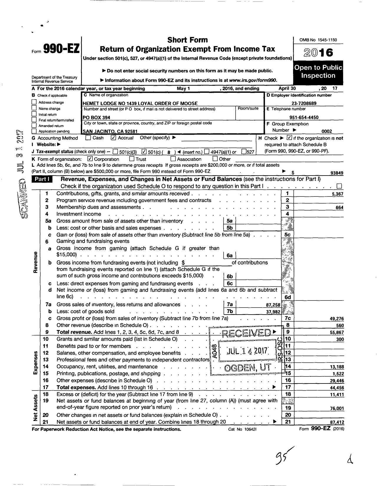 Image of first page of 2016 Form 990EO for Loyal Order of Moose - 1439