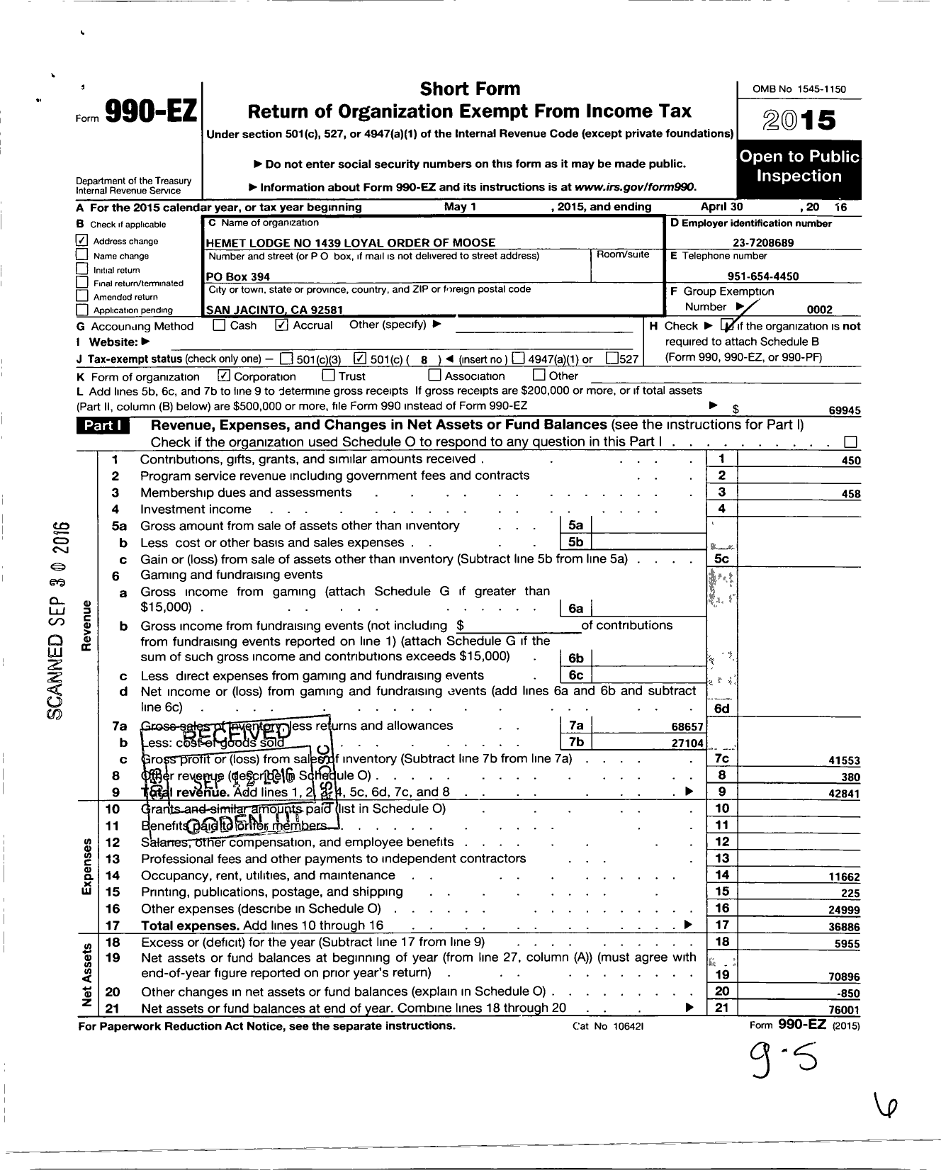 Image of first page of 2015 Form 990EO for Loyal Order of Moose - 1439