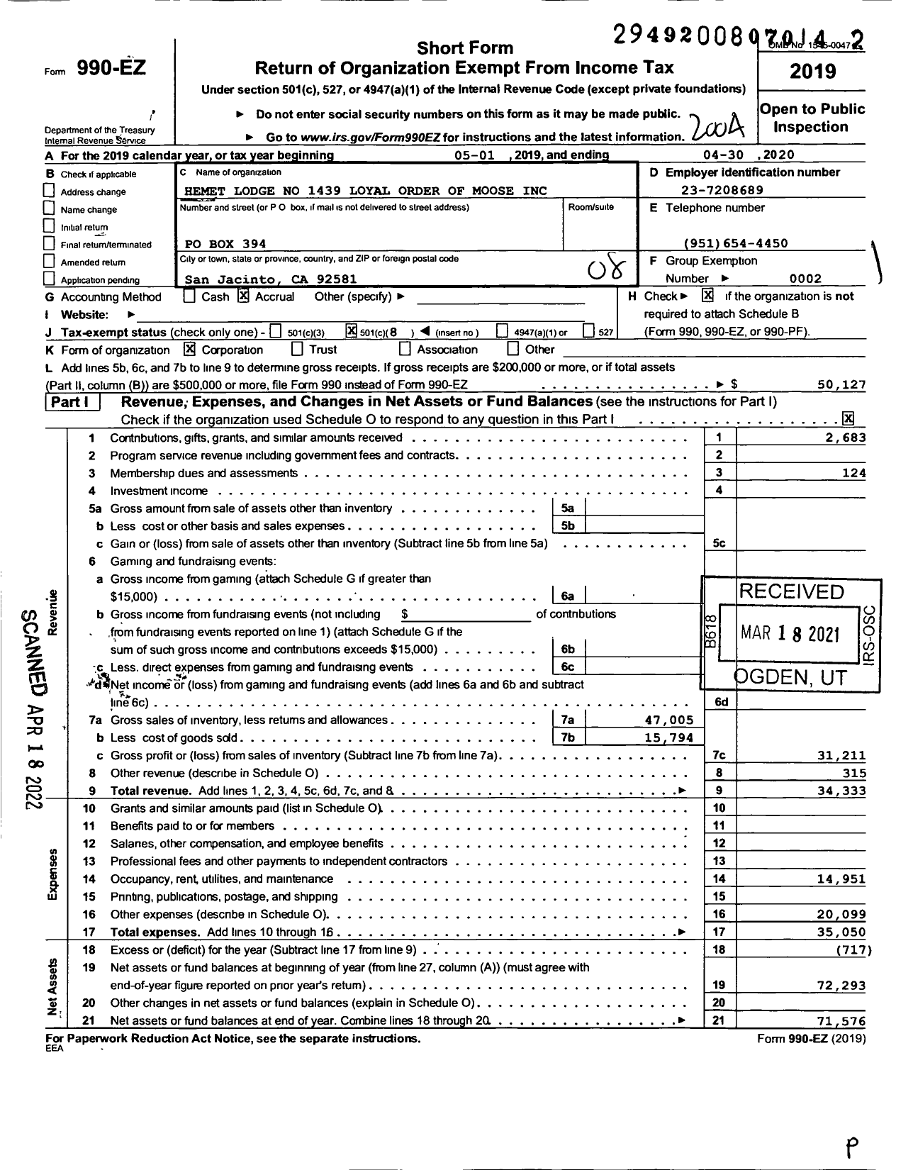 Image of first page of 2019 Form 990EO for Loyal Order of Moose - 1439