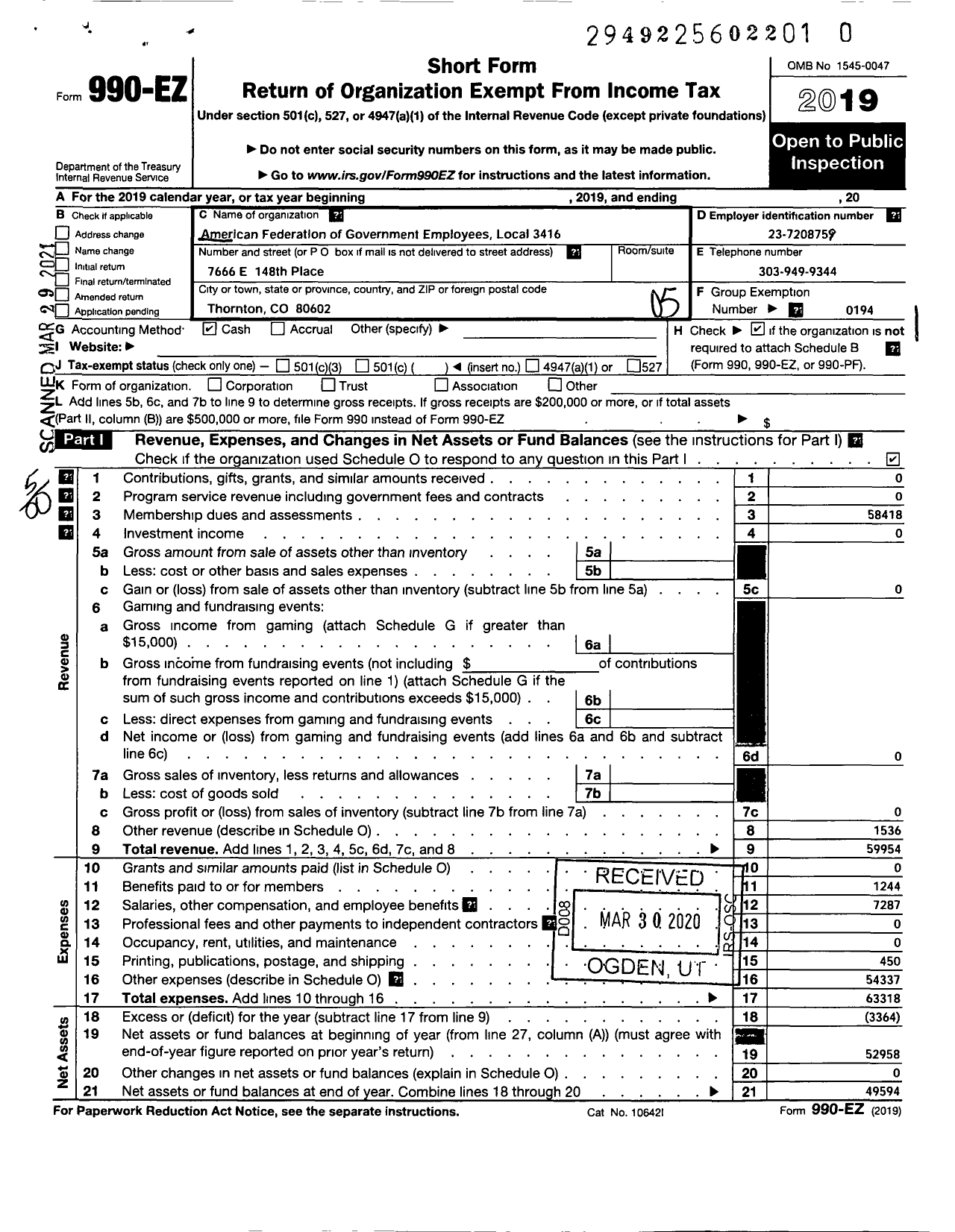 Image of first page of 2019 Form 990EO for American Federation of Government Employees - 3416 Local Afge