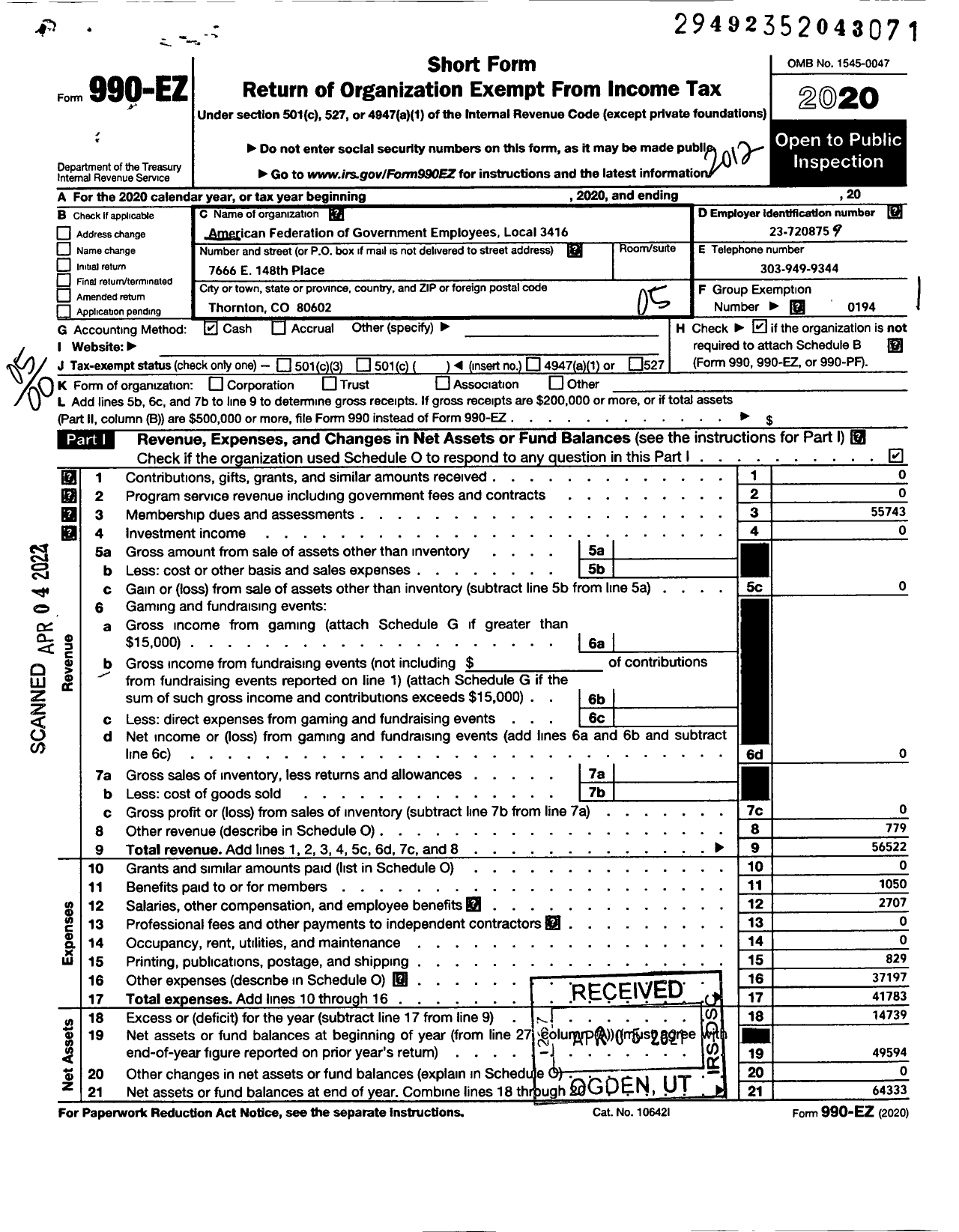 Image of first page of 2020 Form 990EO for American Federation of Government Employees - 3416 Local Afge