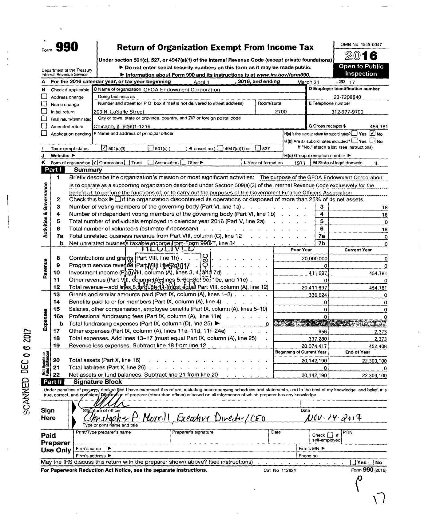 Image of first page of 2016 Form 990 for GFOA Endowment Corporation