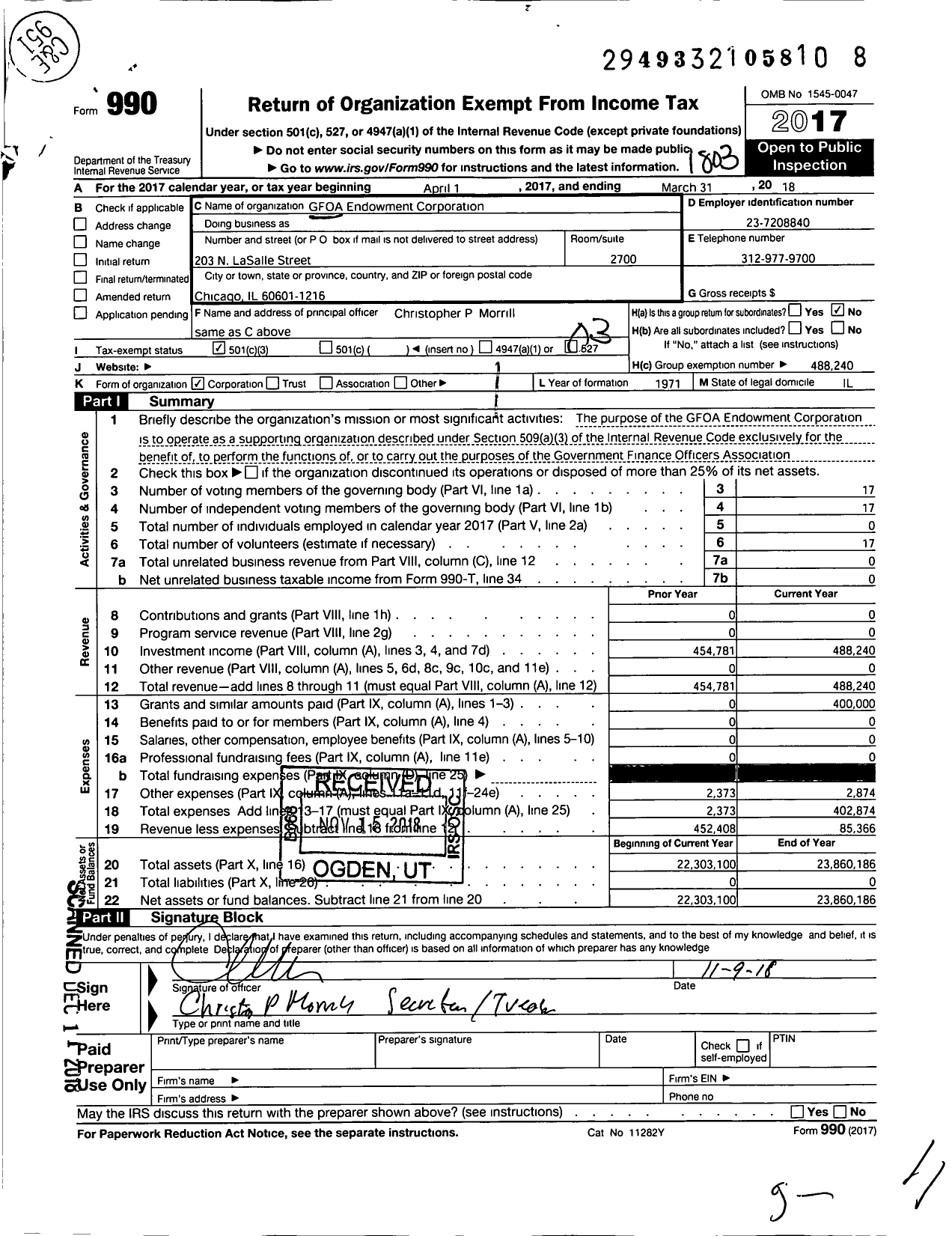 Image of first page of 2017 Form 990 for GFOA Endowment Corporation
