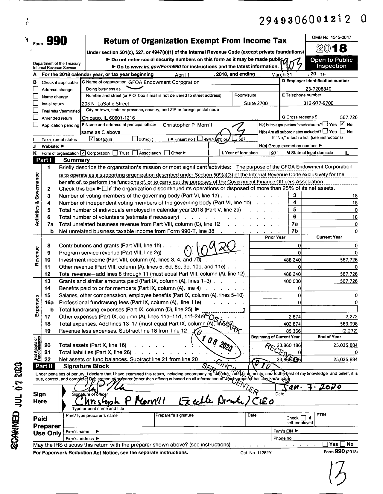 Image of first page of 2018 Form 990 for GFOA Endowment Corporation