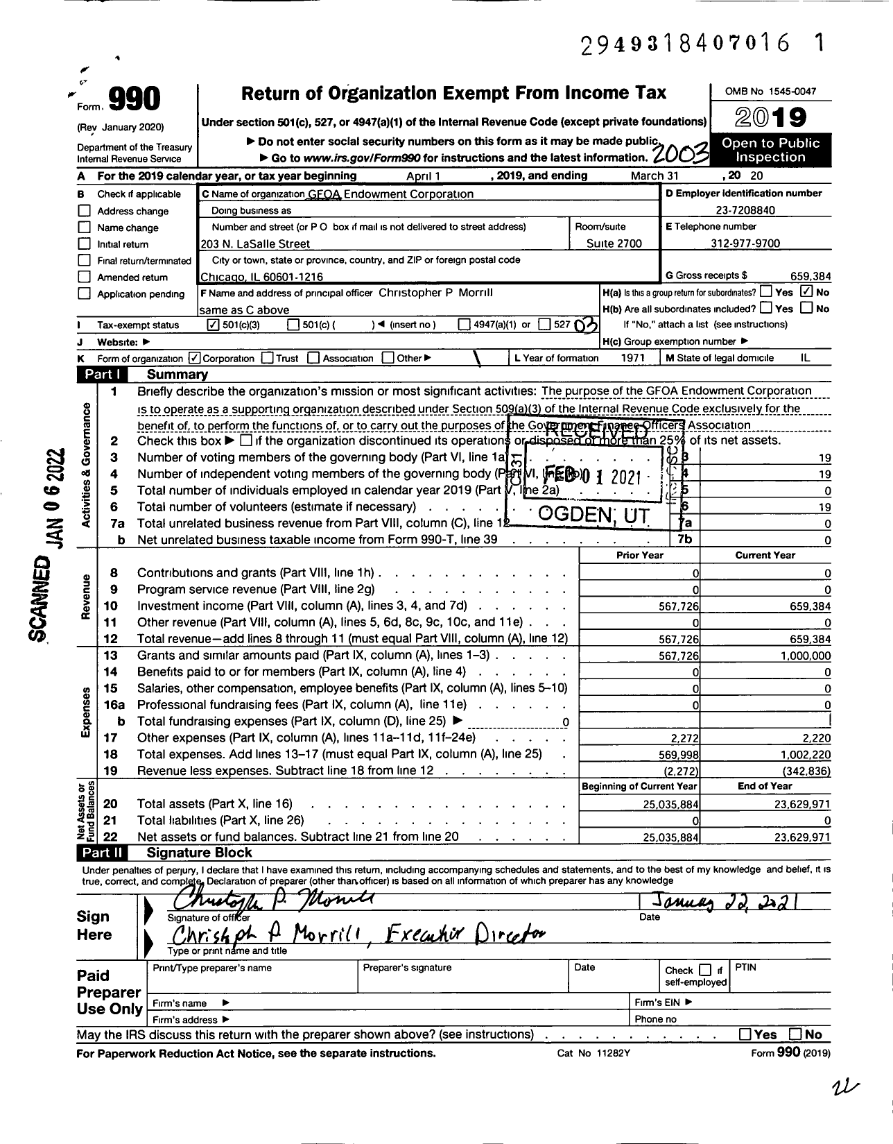 Image of first page of 2019 Form 990 for GFOA Endowment Corporation