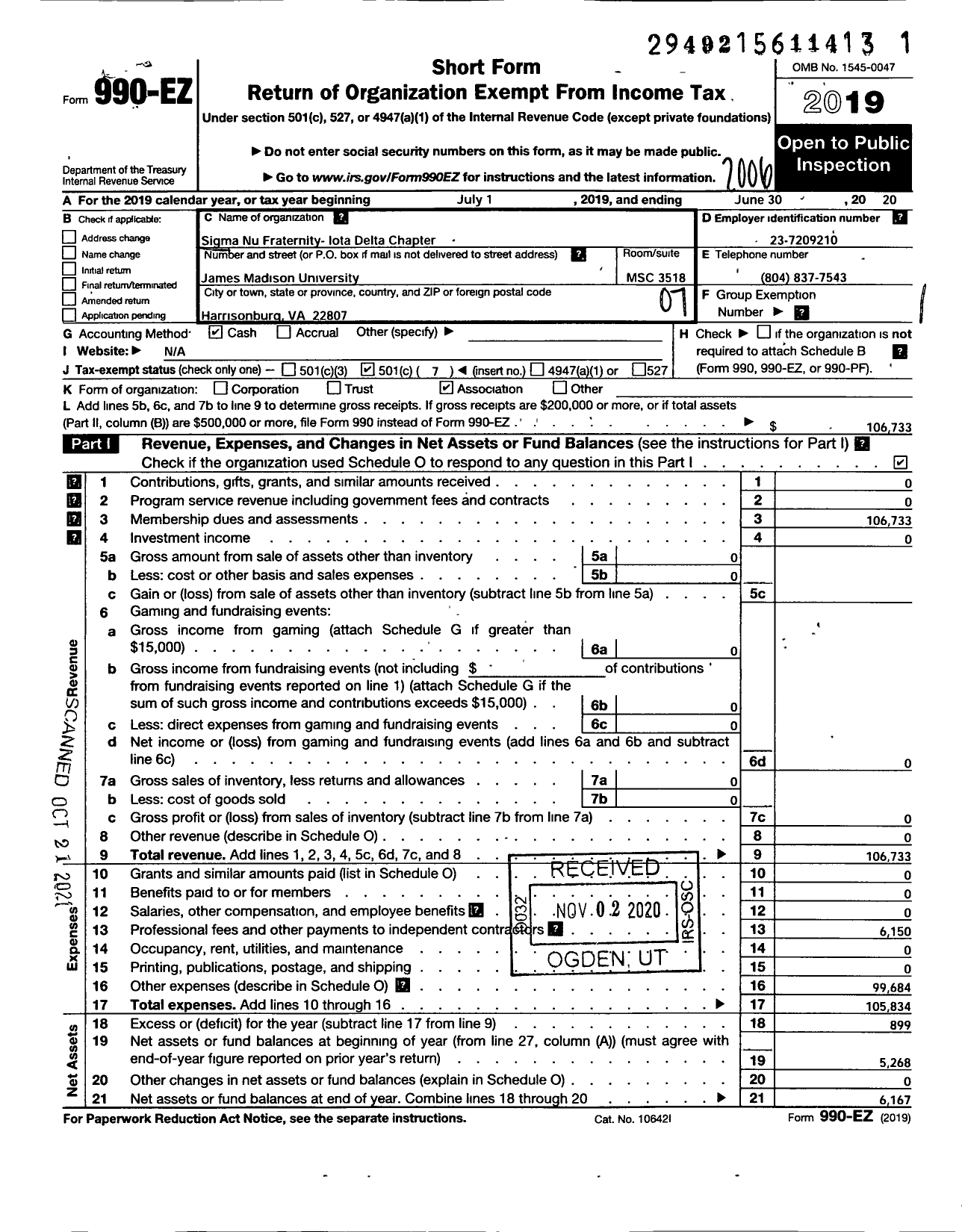 Image of first page of 2019 Form 990EO for SIGMA NU Fraternity - Iota DELTA