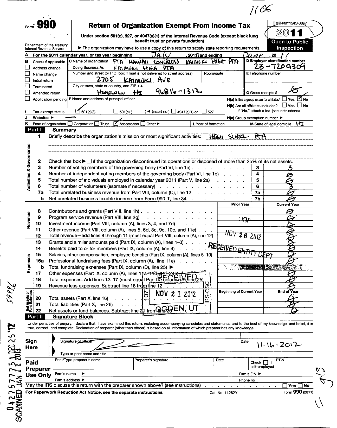 Image of first page of 2010 Form 990 for PTA Hawaii Congress / Kaimuki High PTA