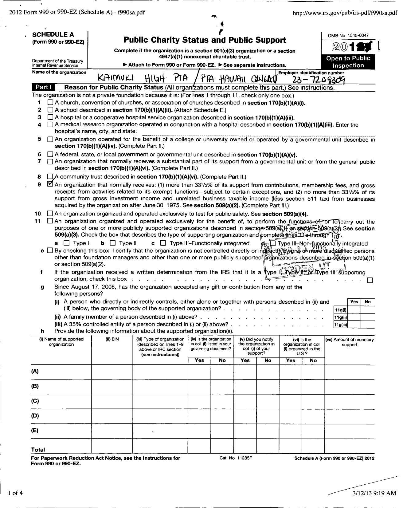 Image of first page of 2010 Form 990R for PTA Hawaii Congress / Kaimuki High PTA