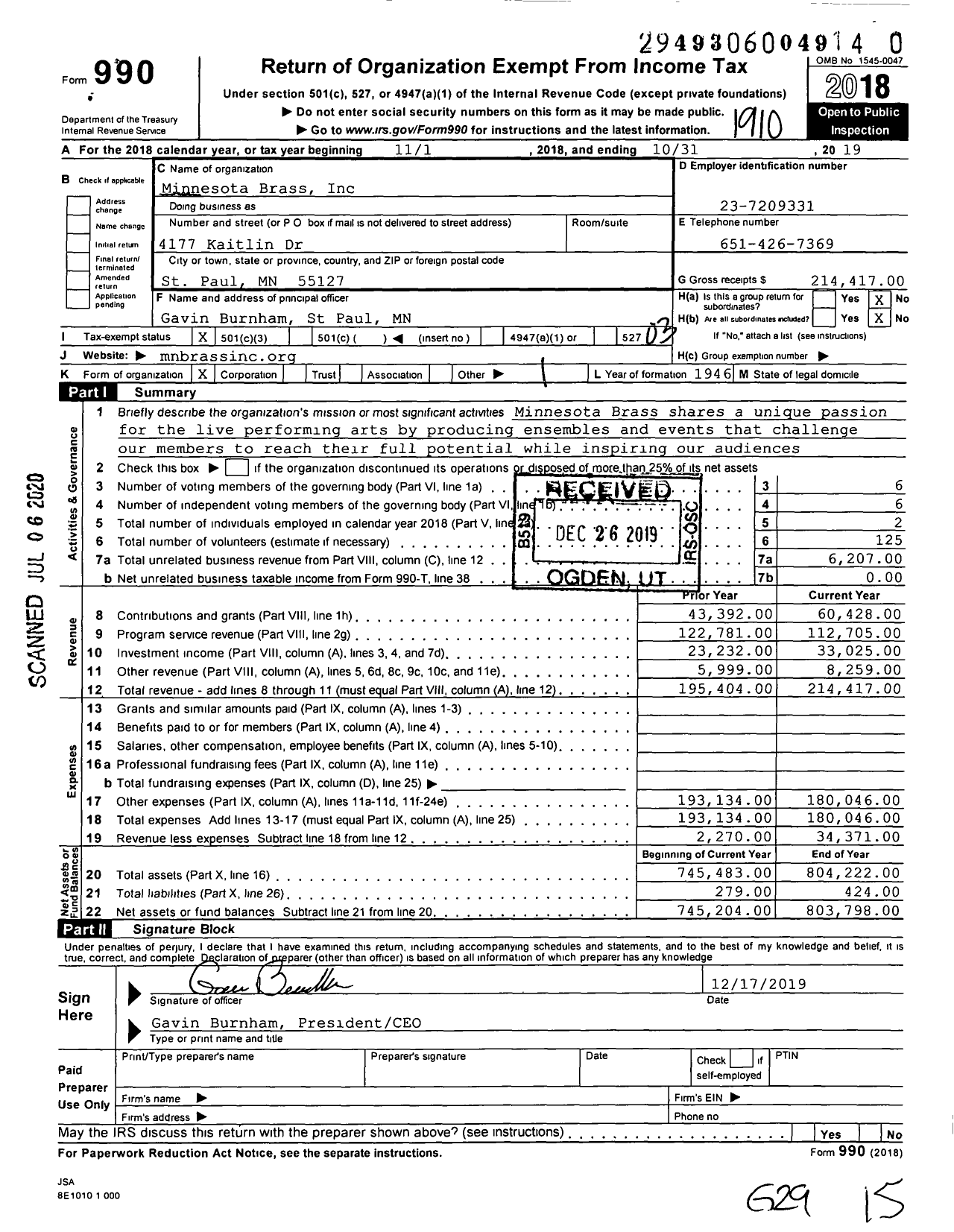 Image of first page of 2018 Form 990 for Minnesota Brass