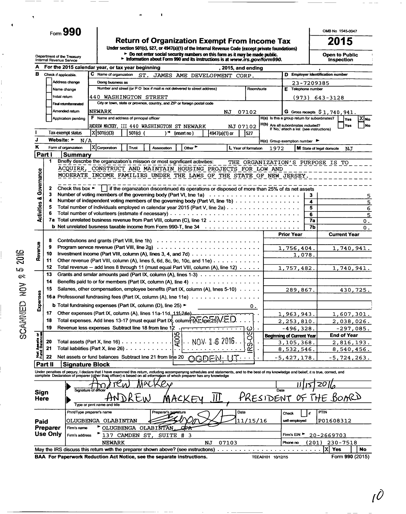 Image of first page of 2015 Form 990 for St. James Ame Development Corporation