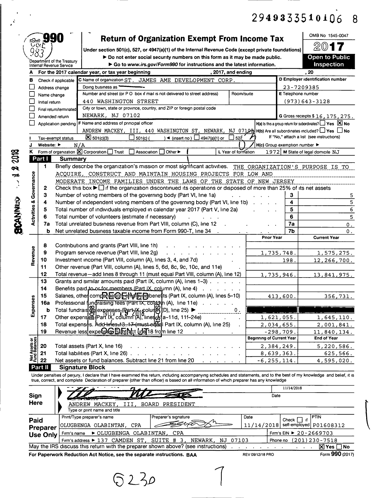 Image of first page of 2017 Form 990 for St. James Ame Development Corporation