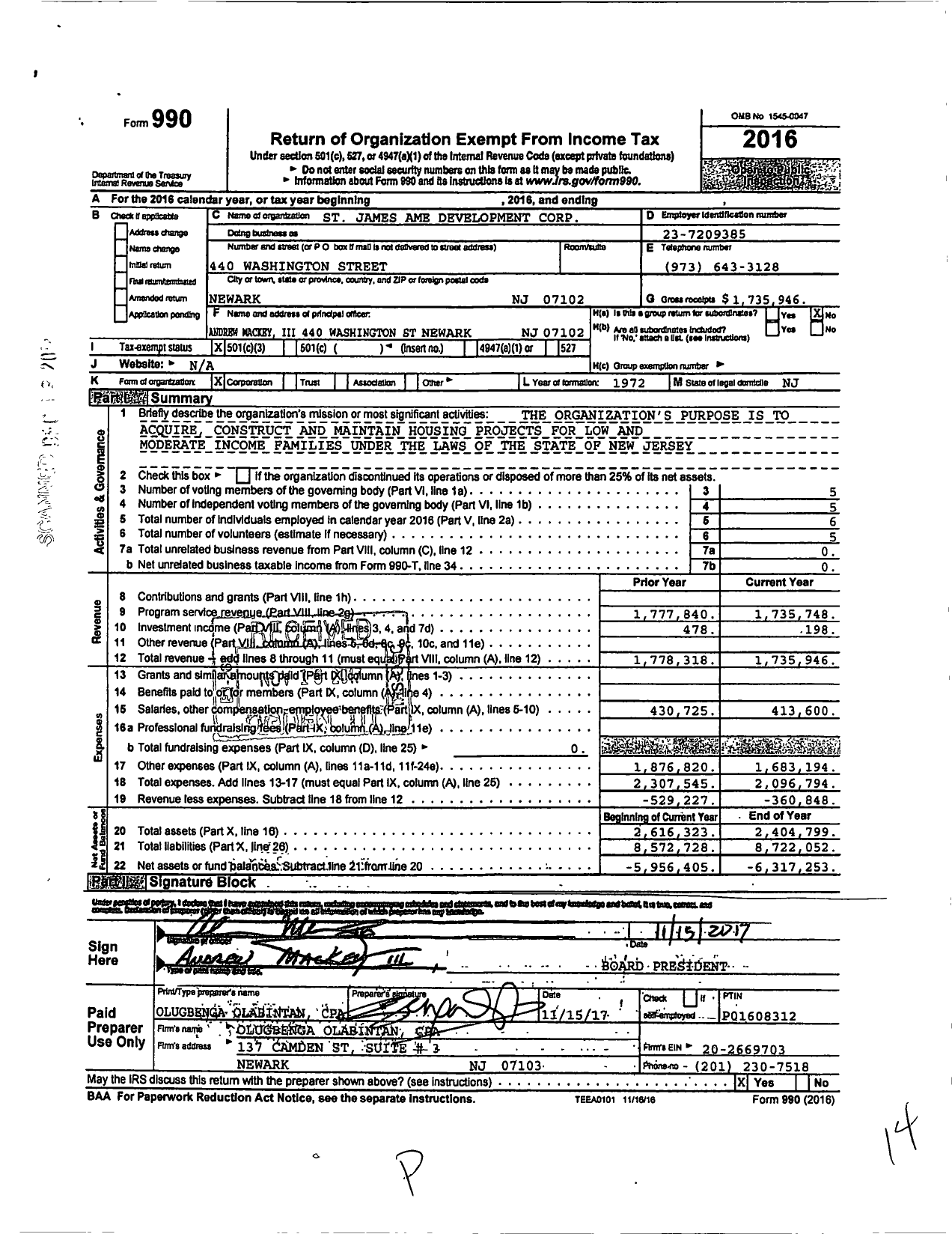 Image of first page of 2016 Form 990 for St. James Ame Development Corporation