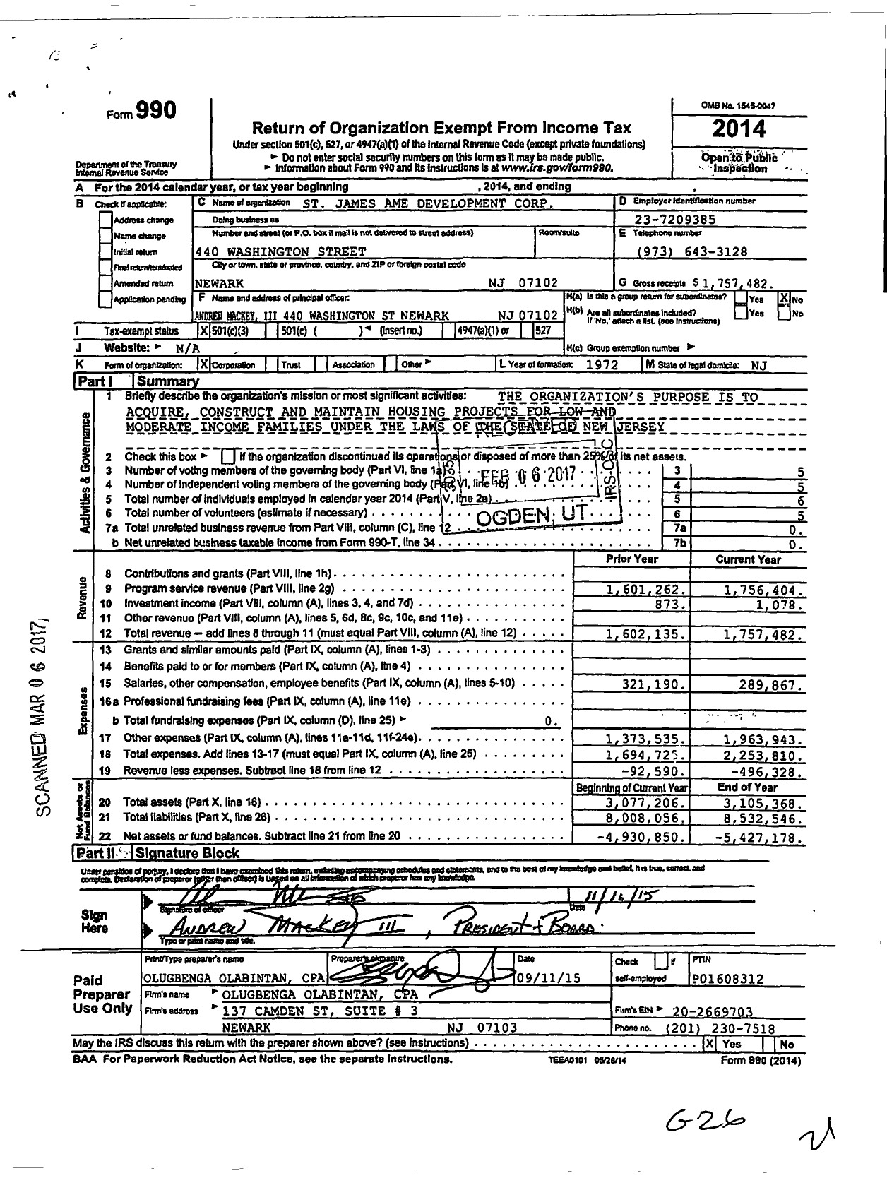 Image of first page of 2014 Form 990 for St. James Ame Development Corporation