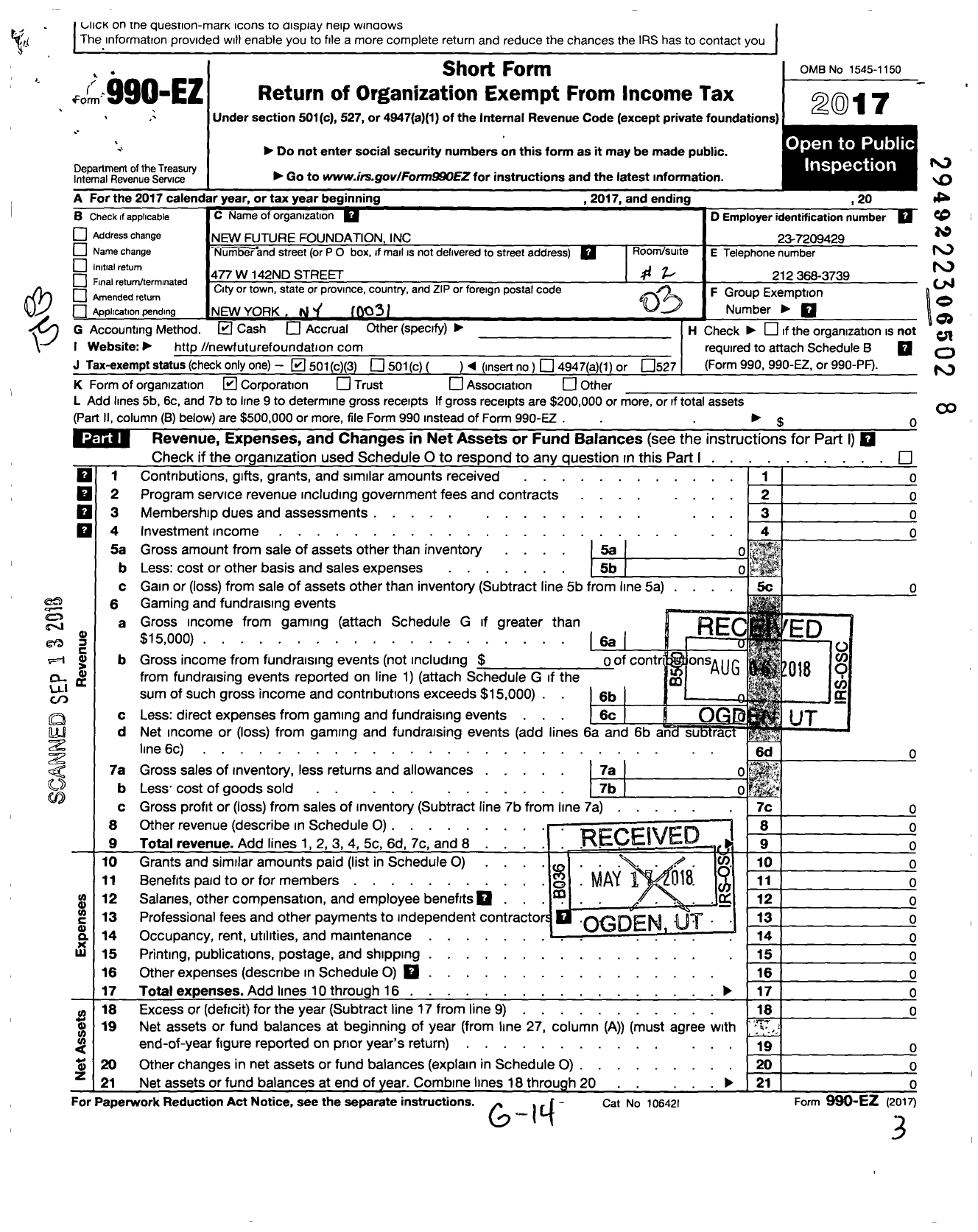 Image of first page of 2017 Form 990EZ for New Future Foundation