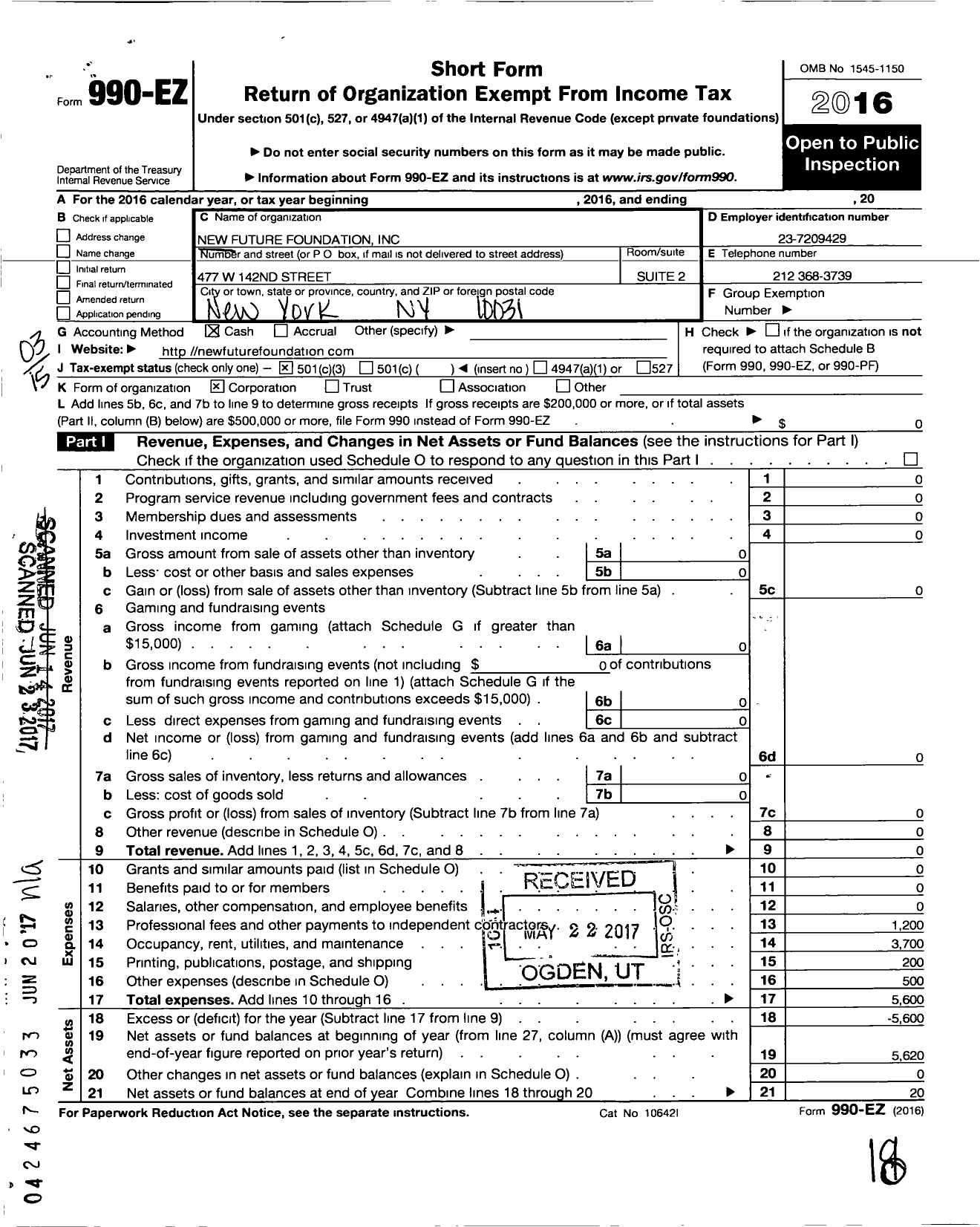 Image of first page of 2016 Form 990EZ for New Future Foundation