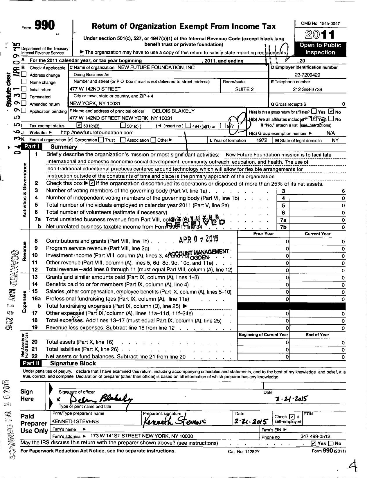 Image of first page of 2011 Form 990 for New Future Foundation