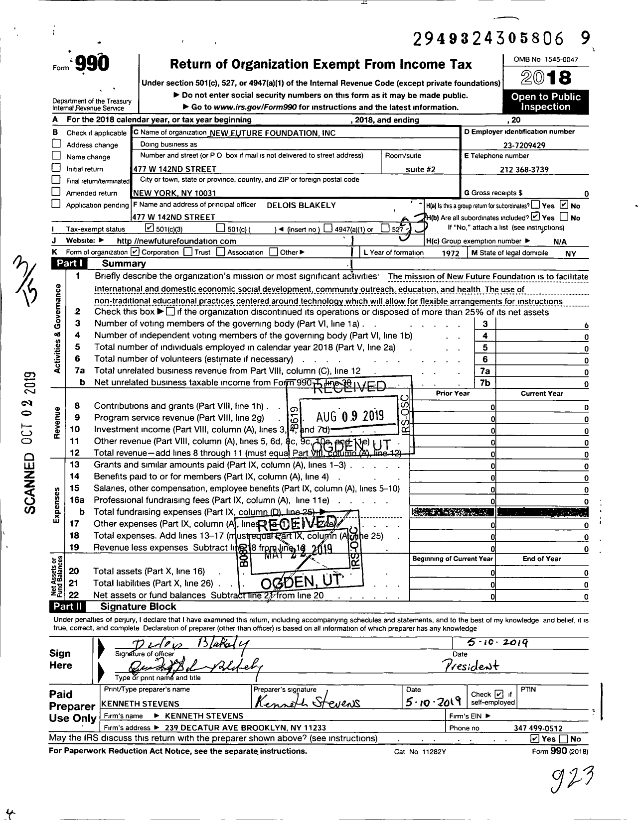 Image of first page of 2018 Form 990 for New Future Foundation