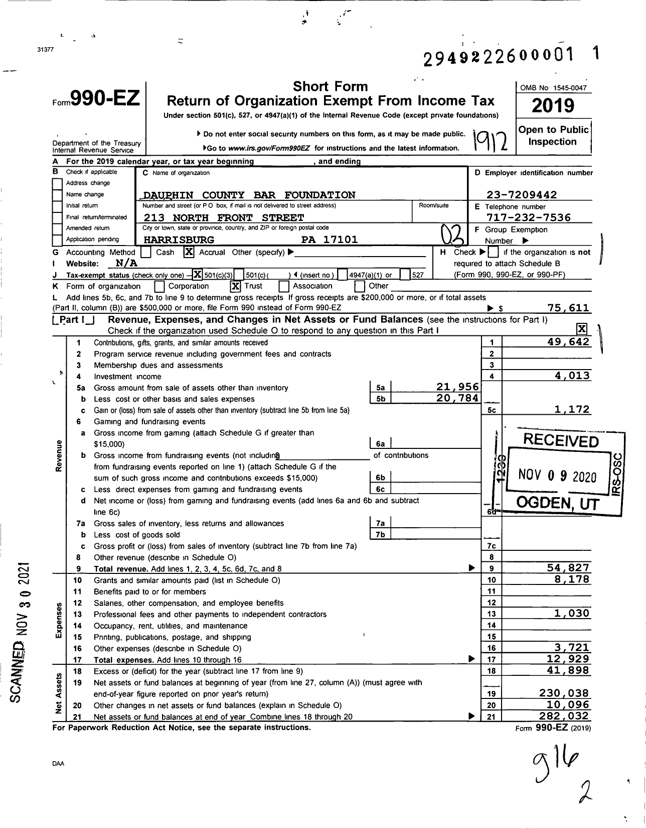 Image of first page of 2019 Form 990EZ for Dauphin County Bar Foundation