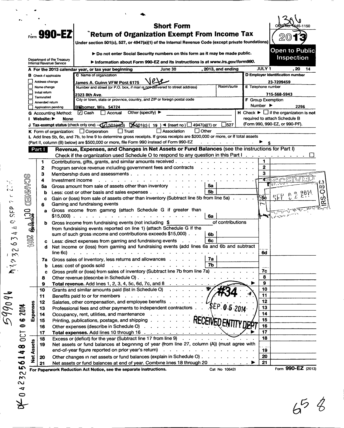 Image of first page of 2013 Form 990EO for VFW Wi - 6175 James A Quinn