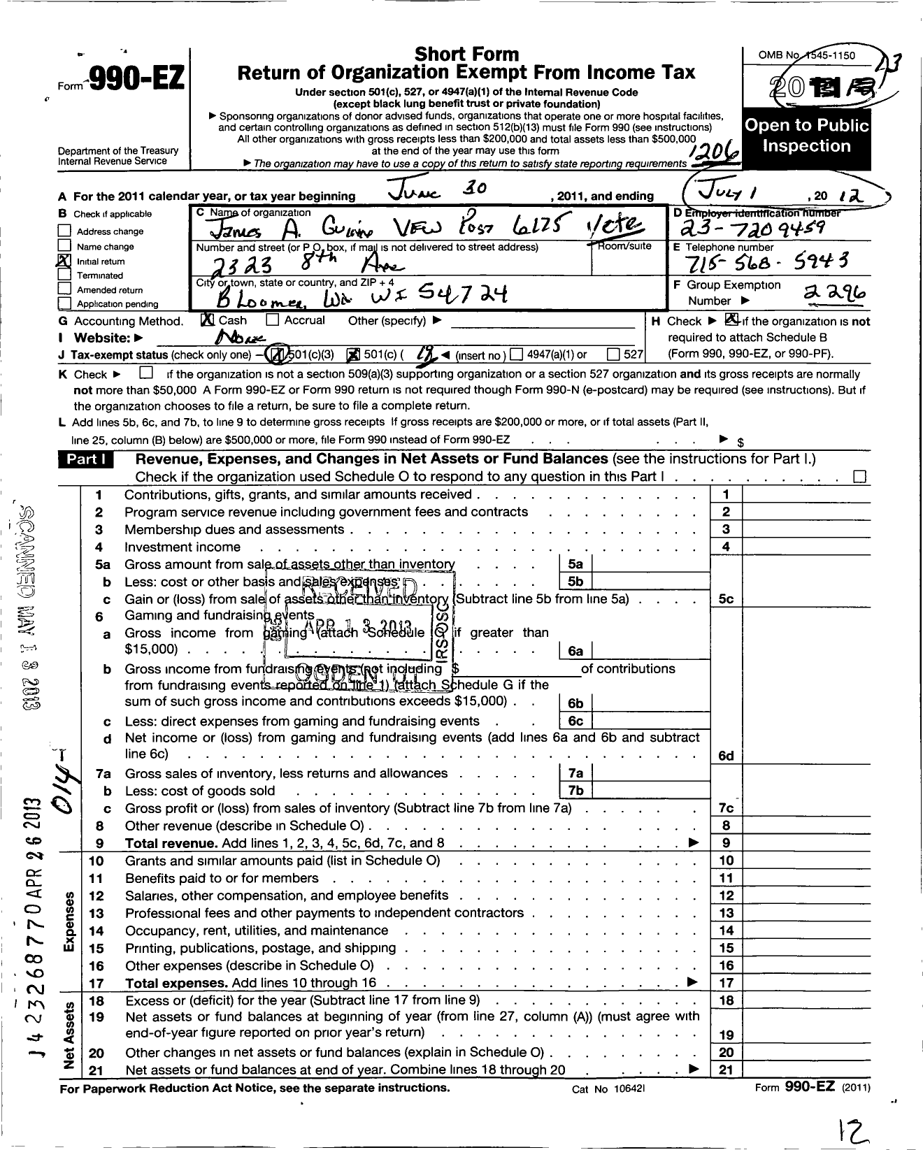 Image of first page of 2011 Form 990EO for VFW Wi - 6175 James A Quinn