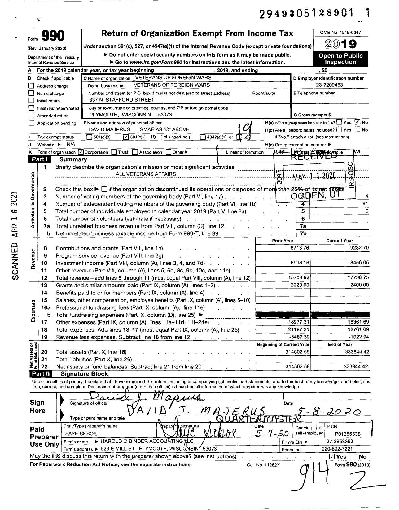 Image of first page of 2019 Form 990O for VFW Wi - Veterans of Foreign Wars