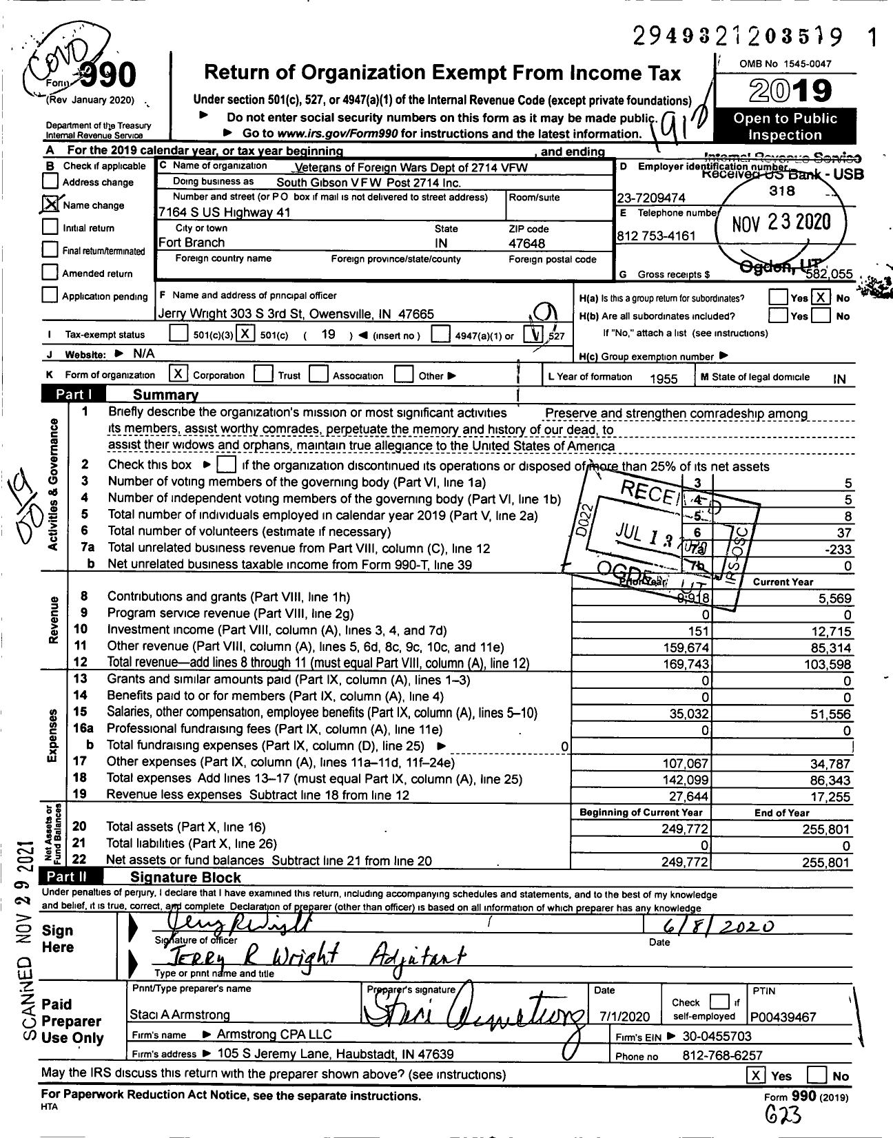 Image of first page of 2019 Form 990O for VFW Department of Indiana - South Gibson VFW Post 2714