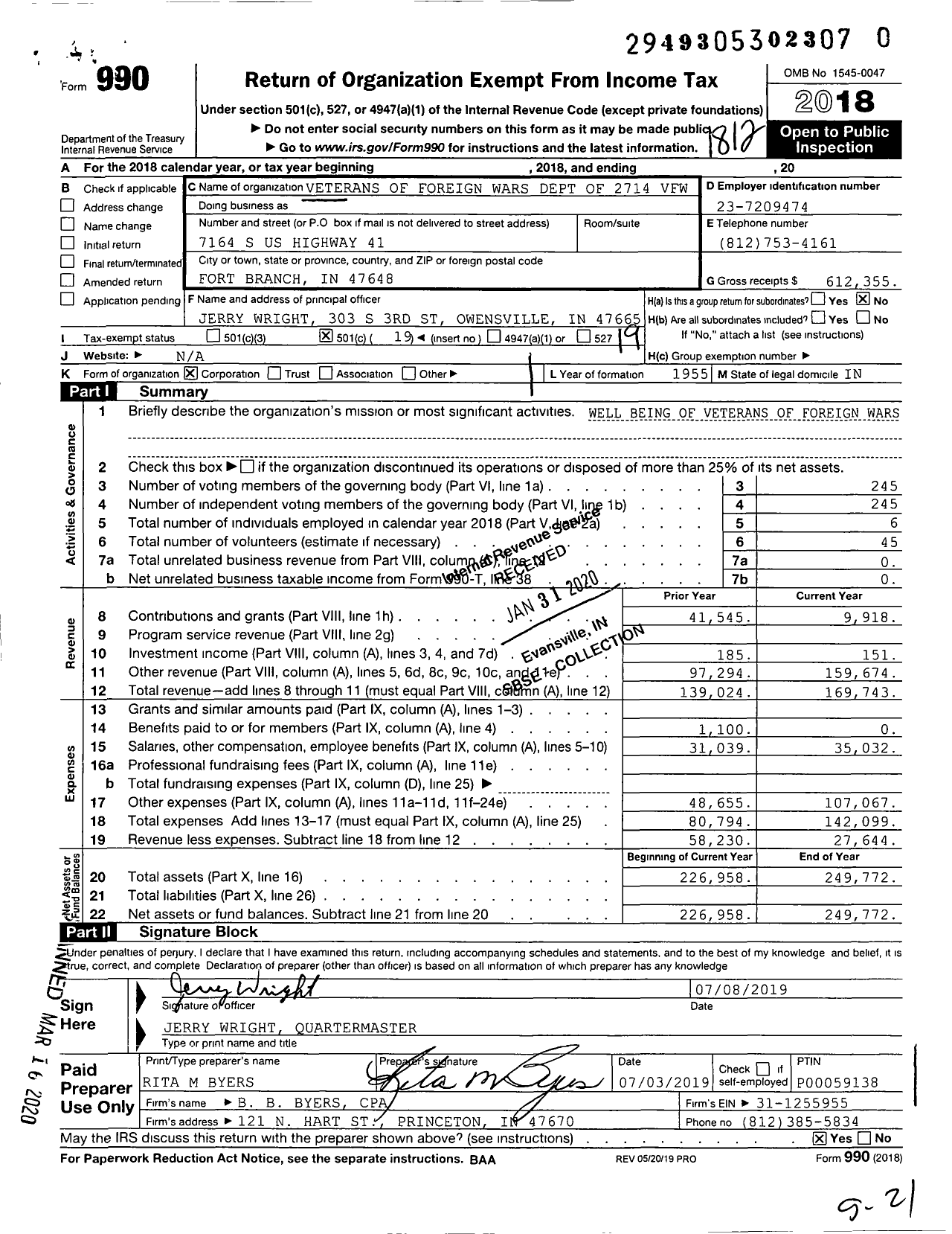 Image of first page of 2018 Form 990O for VFW Department of Indiana - South Gibson VFW Post 2714