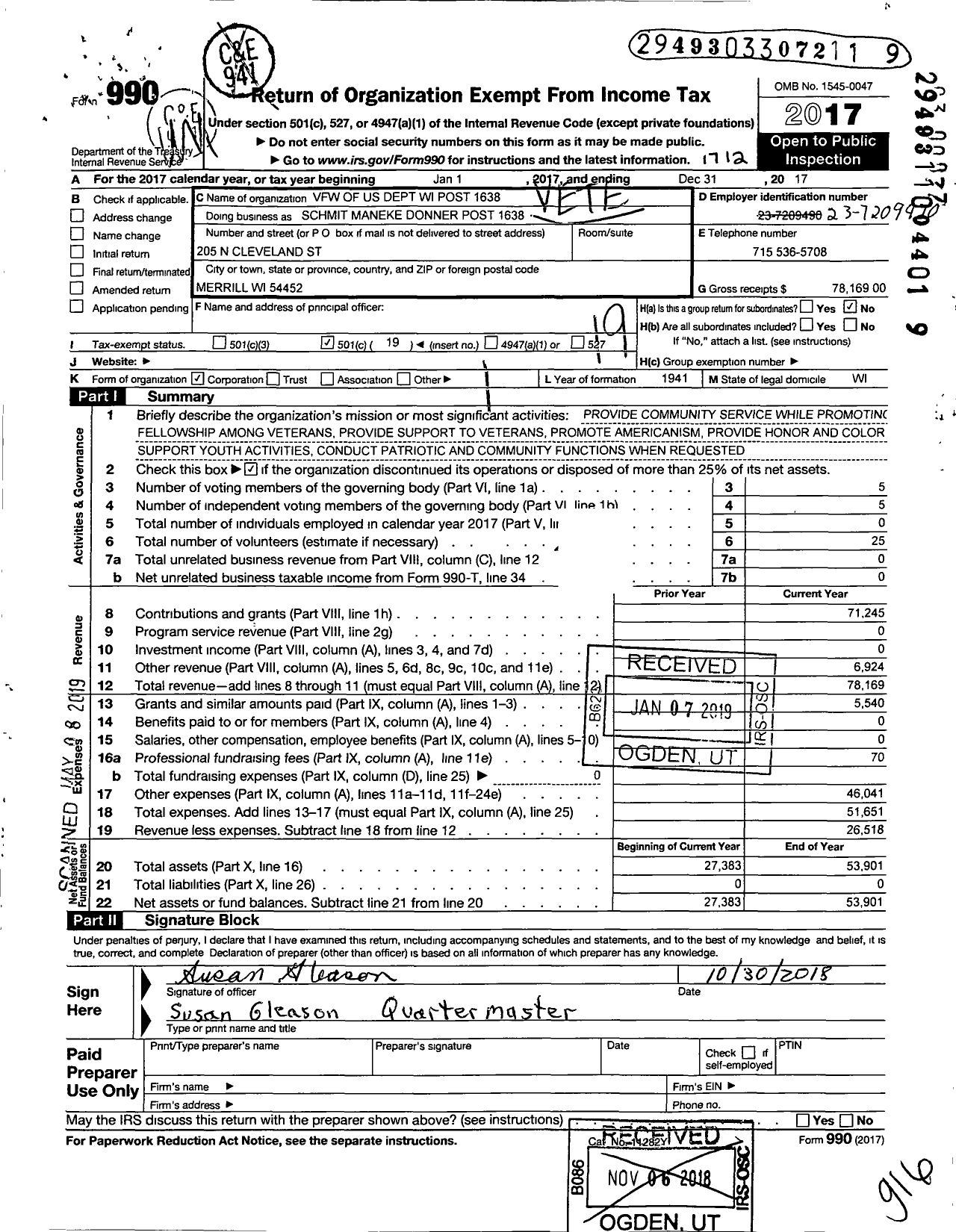 Image of first page of 2017 Form 990O for VFW Wi - 7924 Gifford-Larsen VFW Post