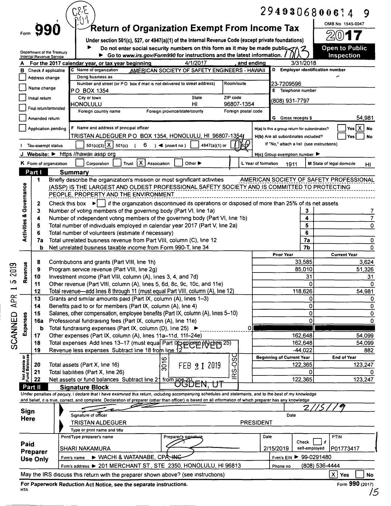 Image of first page of 2017 Form 990O for Hawaii Chapter of Assp