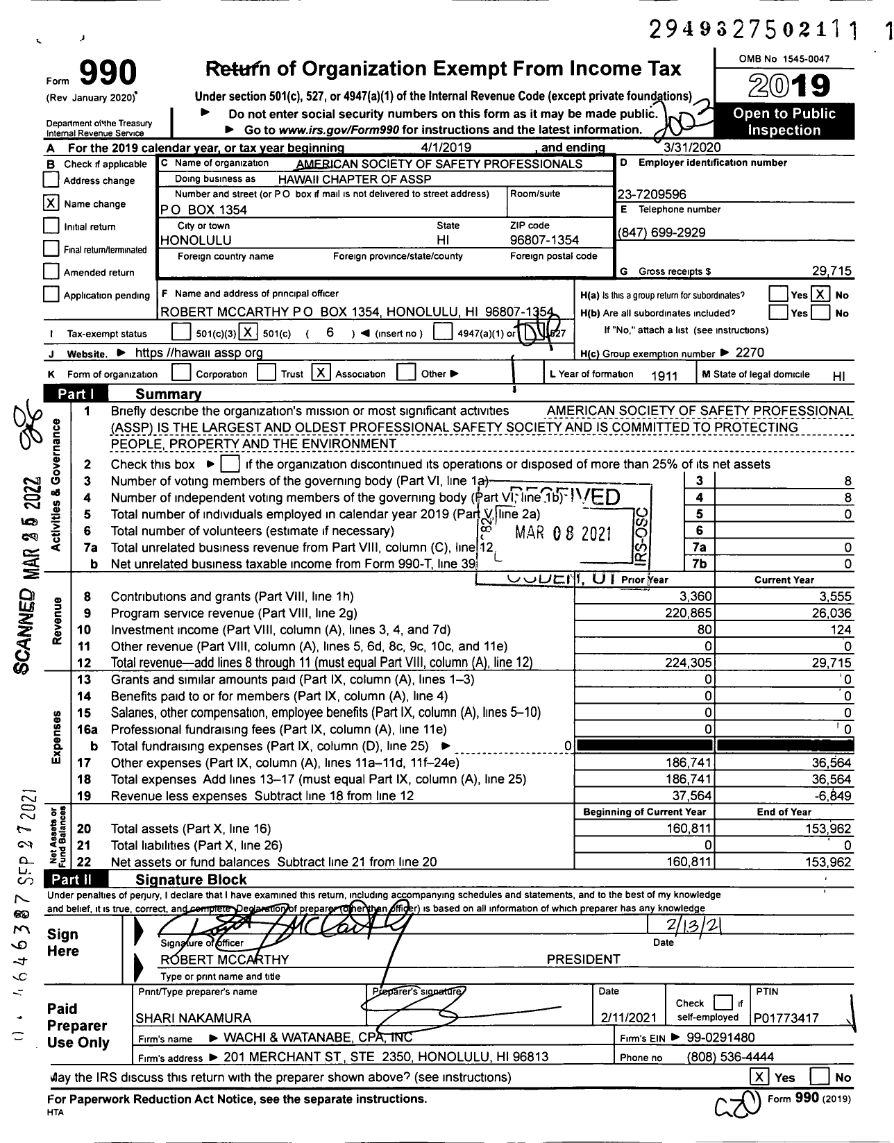 Image of first page of 2019 Form 990O for Hawaii Chapter of Assp