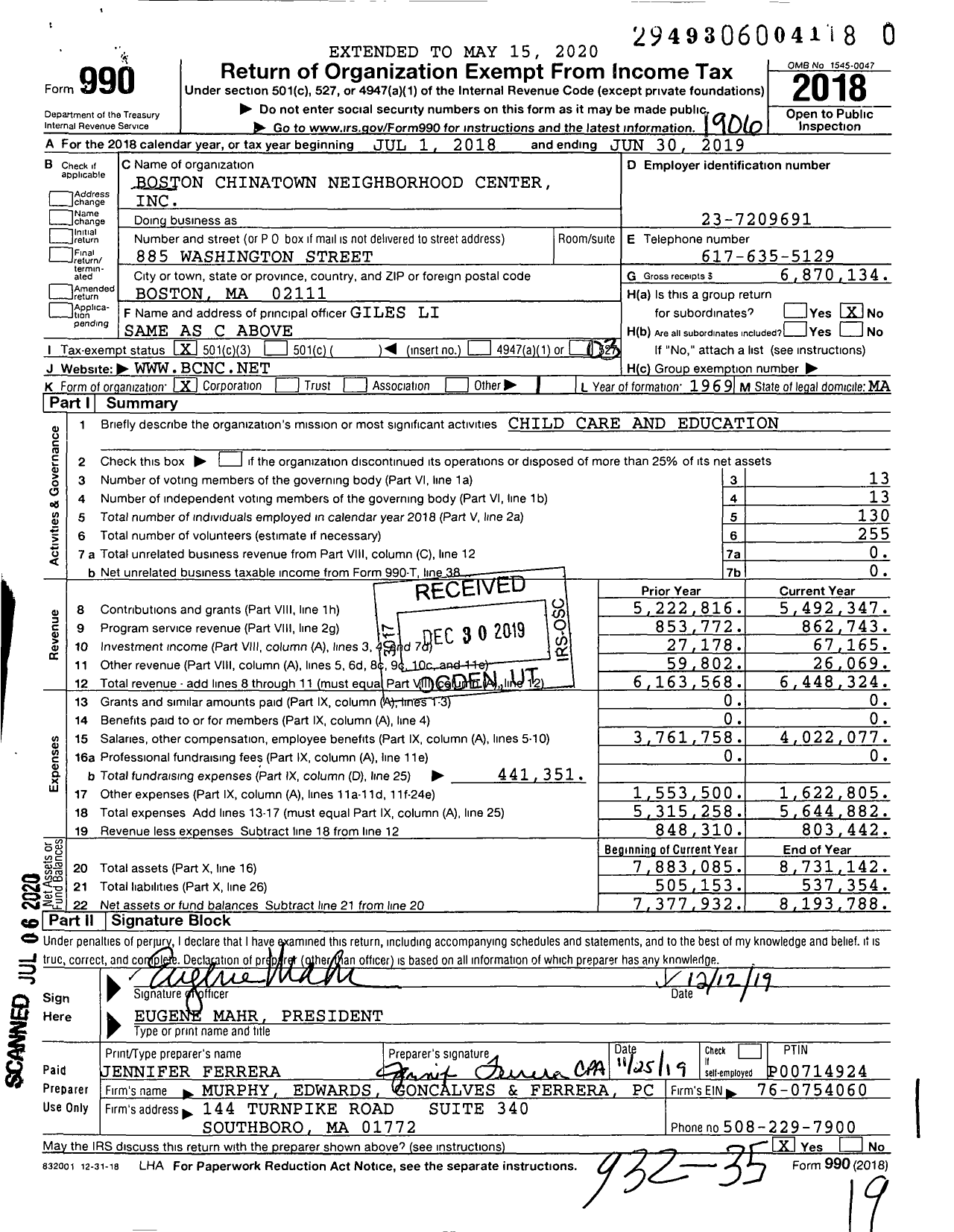 Image of first page of 2018 Form 990 for Boston Chinatown Neighborhood Center