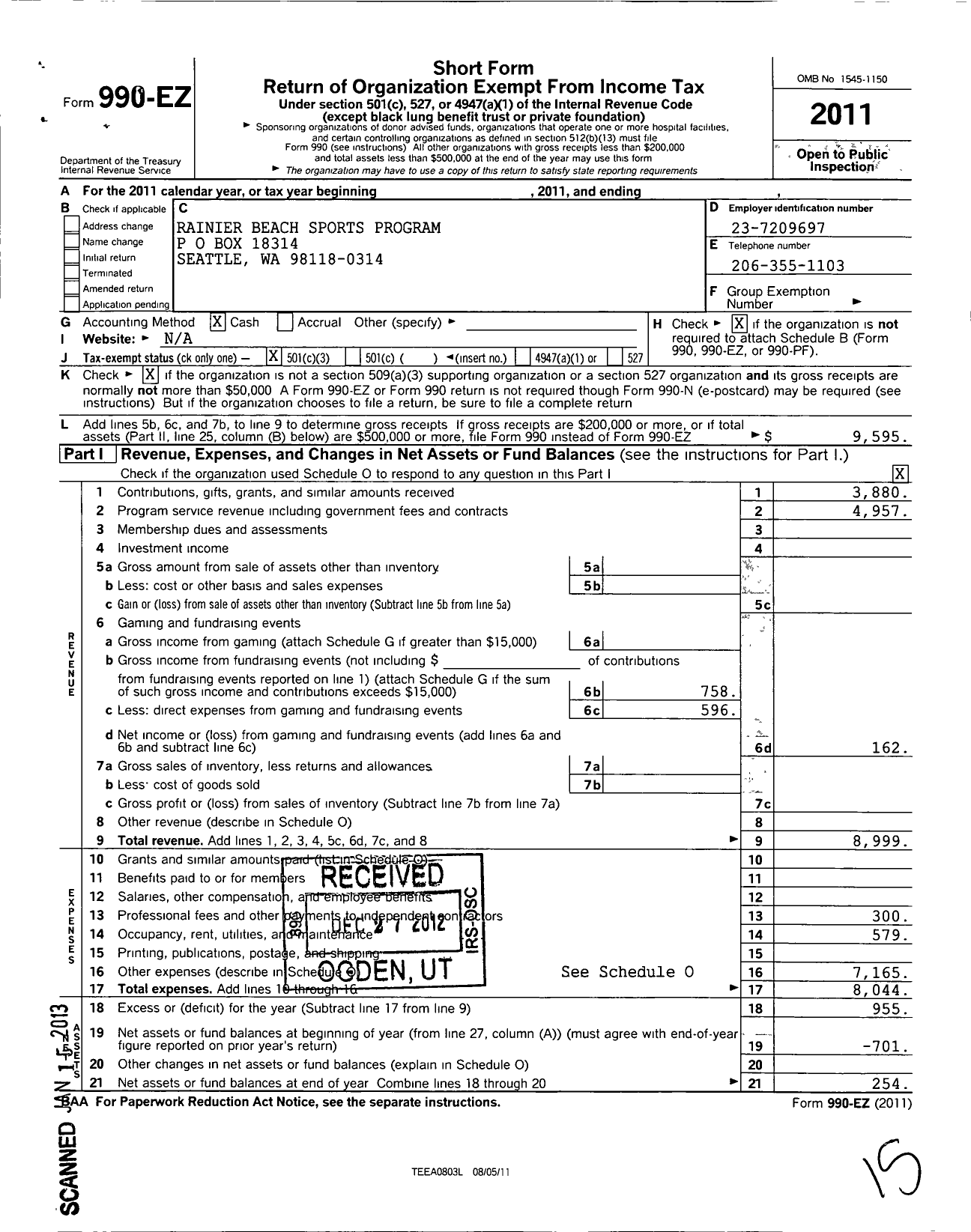 Image of first page of 2011 Form 990EZ for Rainier Beach Sports Program