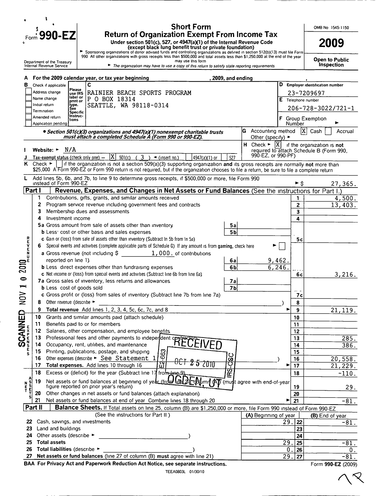 Image of first page of 2009 Form 990EZ for Rainier Beach Sports Program