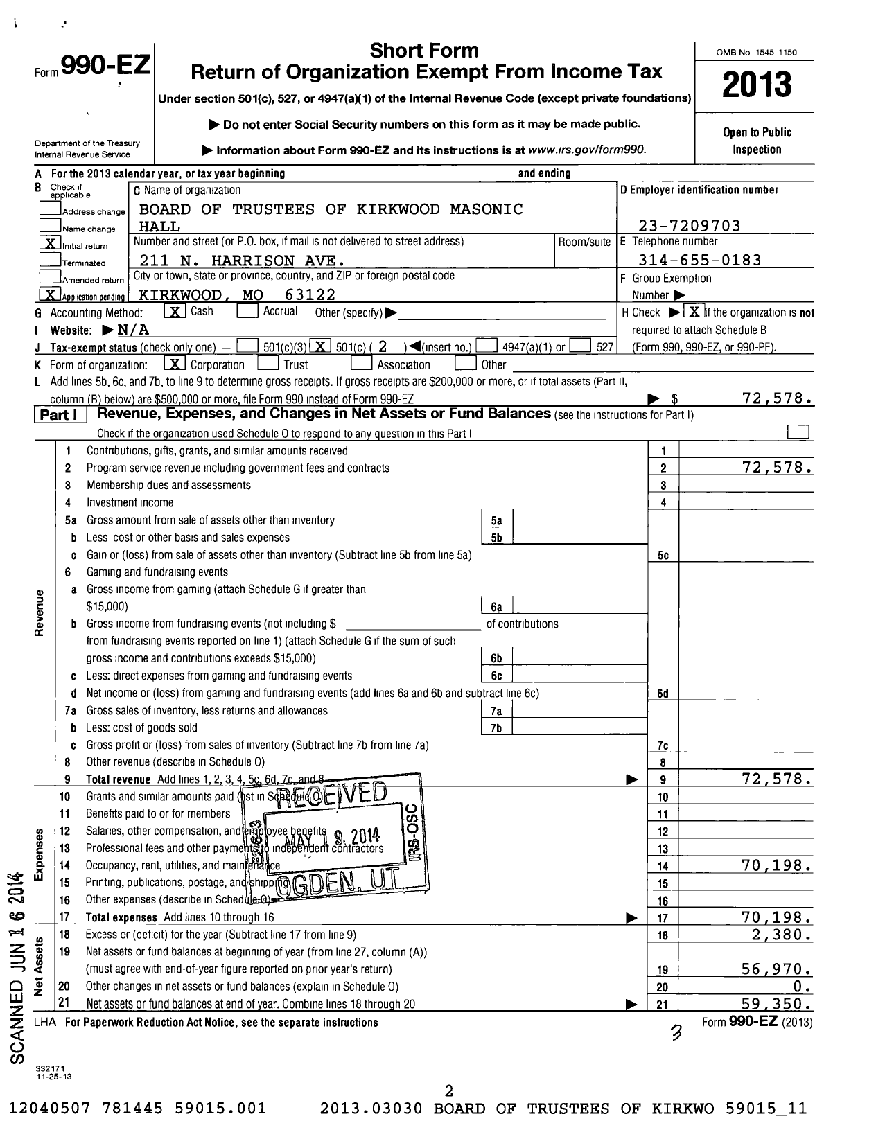 Image of first page of 2013 Form 990EO for Board of Trustees of Kirkwood Masonic Hall