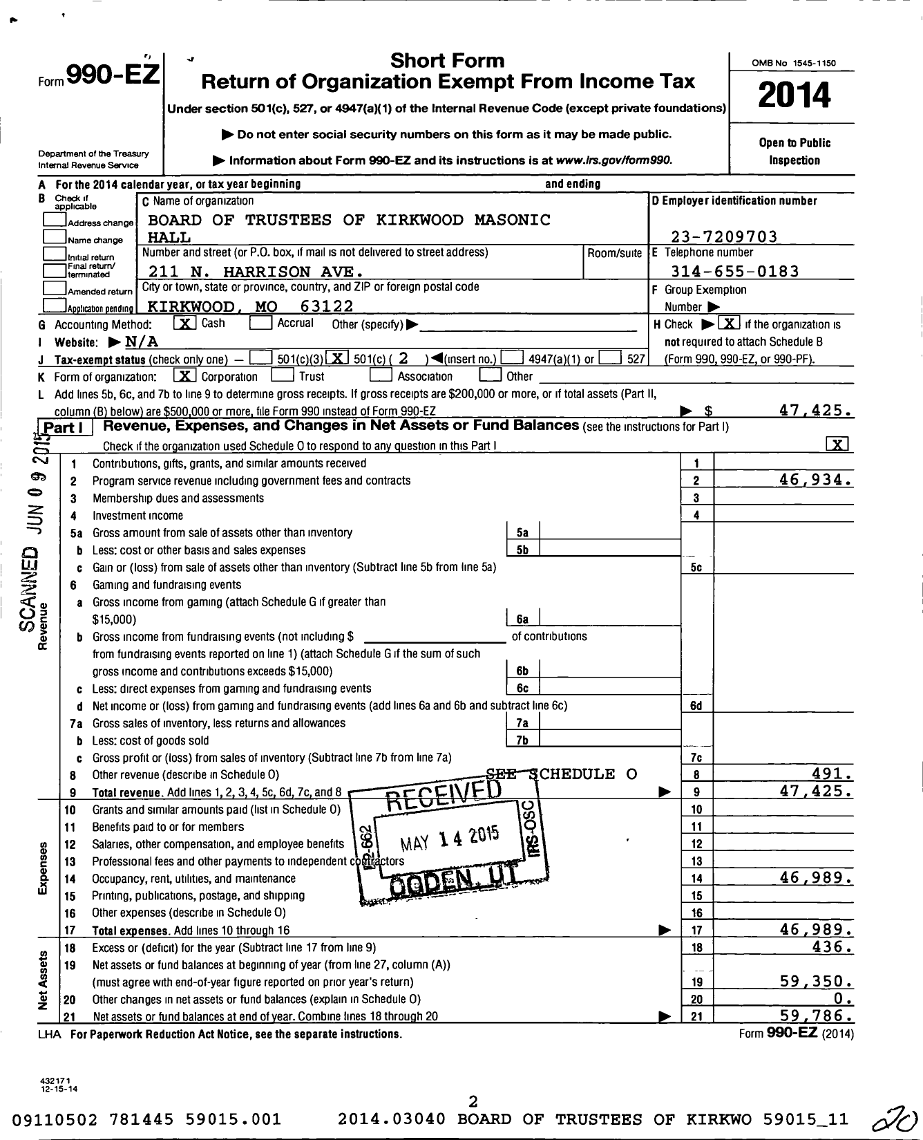 Image of first page of 2014 Form 990EO for Board of Trustees of Kirkwood Masonic Hall